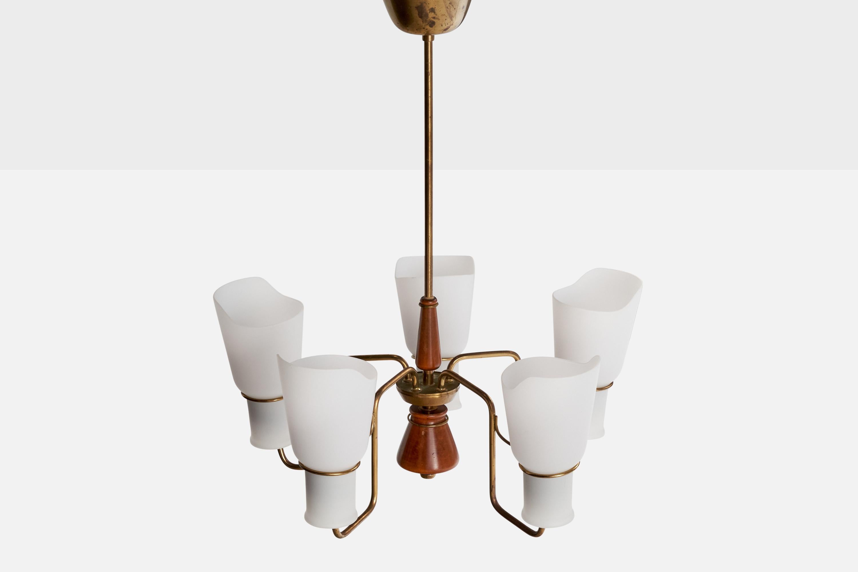 Swedish ASEA attribution, Chandelier, Brass, Glass, Wood, Sweden, 1950s For Sale