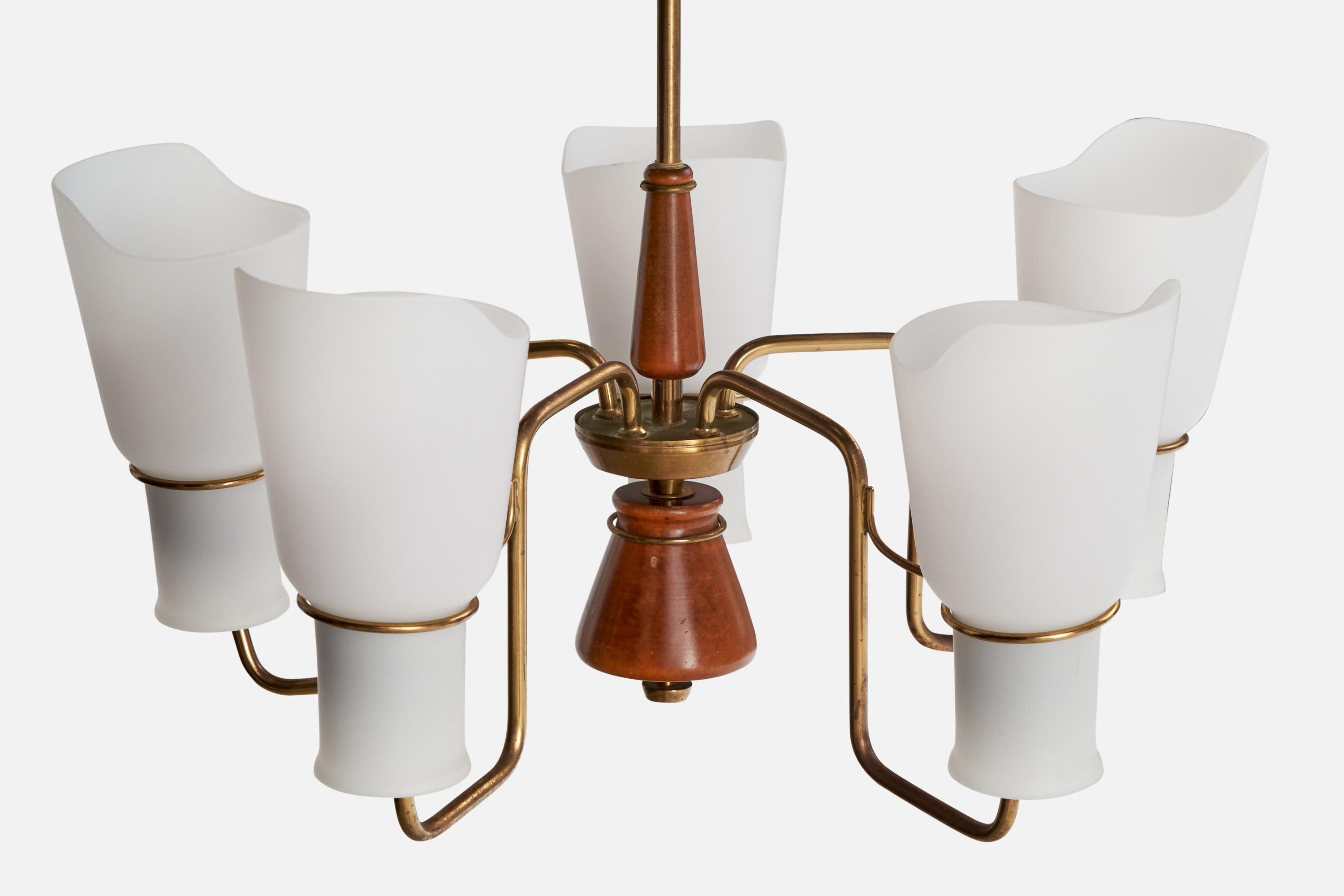 ASEA attribution, Chandelier, Brass, Glass, Wood, Sweden, 1950s In Good Condition For Sale In High Point, NC