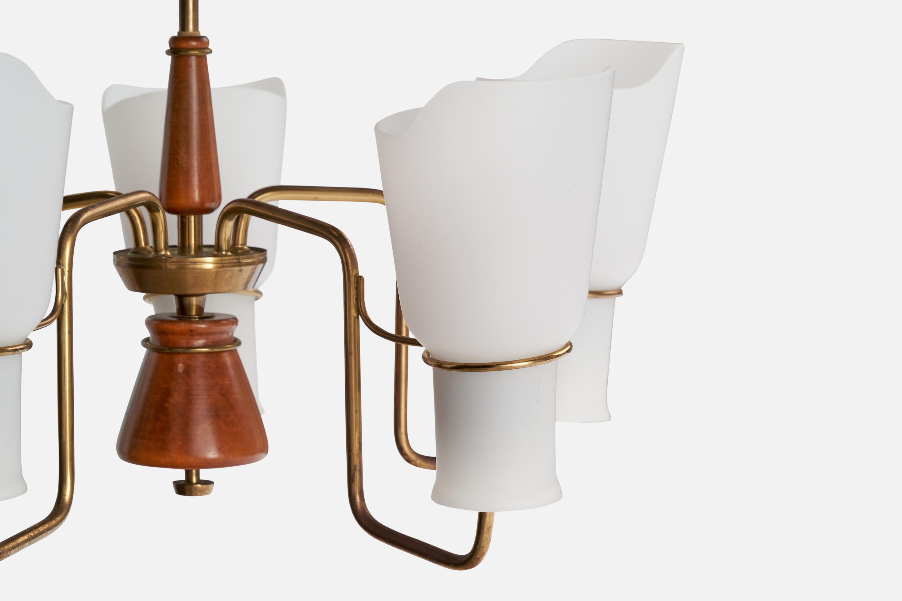 Mid-20th Century ASEA attribution, Chandelier, Brass, Glass, Wood, Sweden, 1950s For Sale