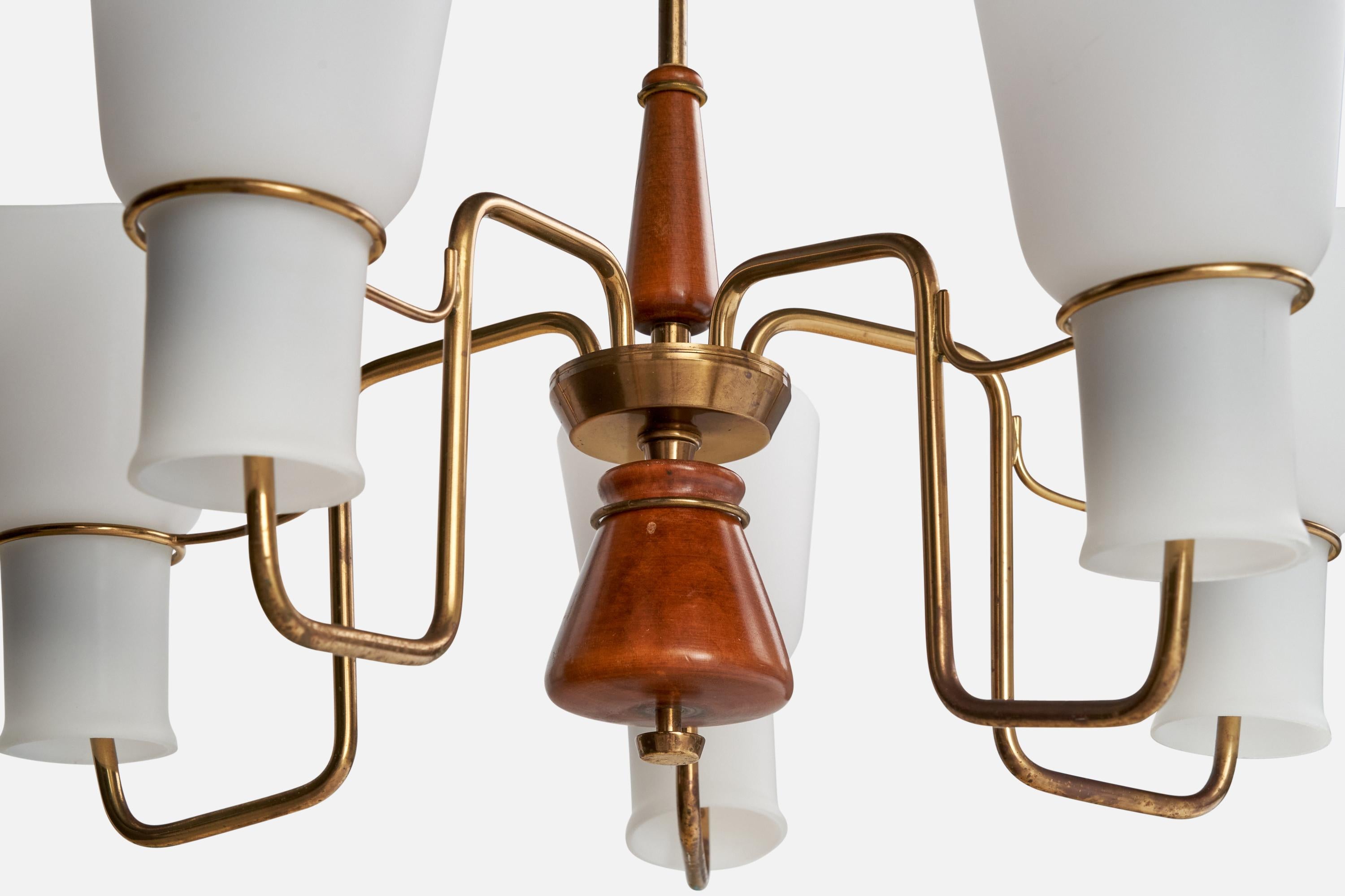 ASEA attribution, Chandelier, Brass, Glass, Wood, Sweden, 1950s For Sale 2