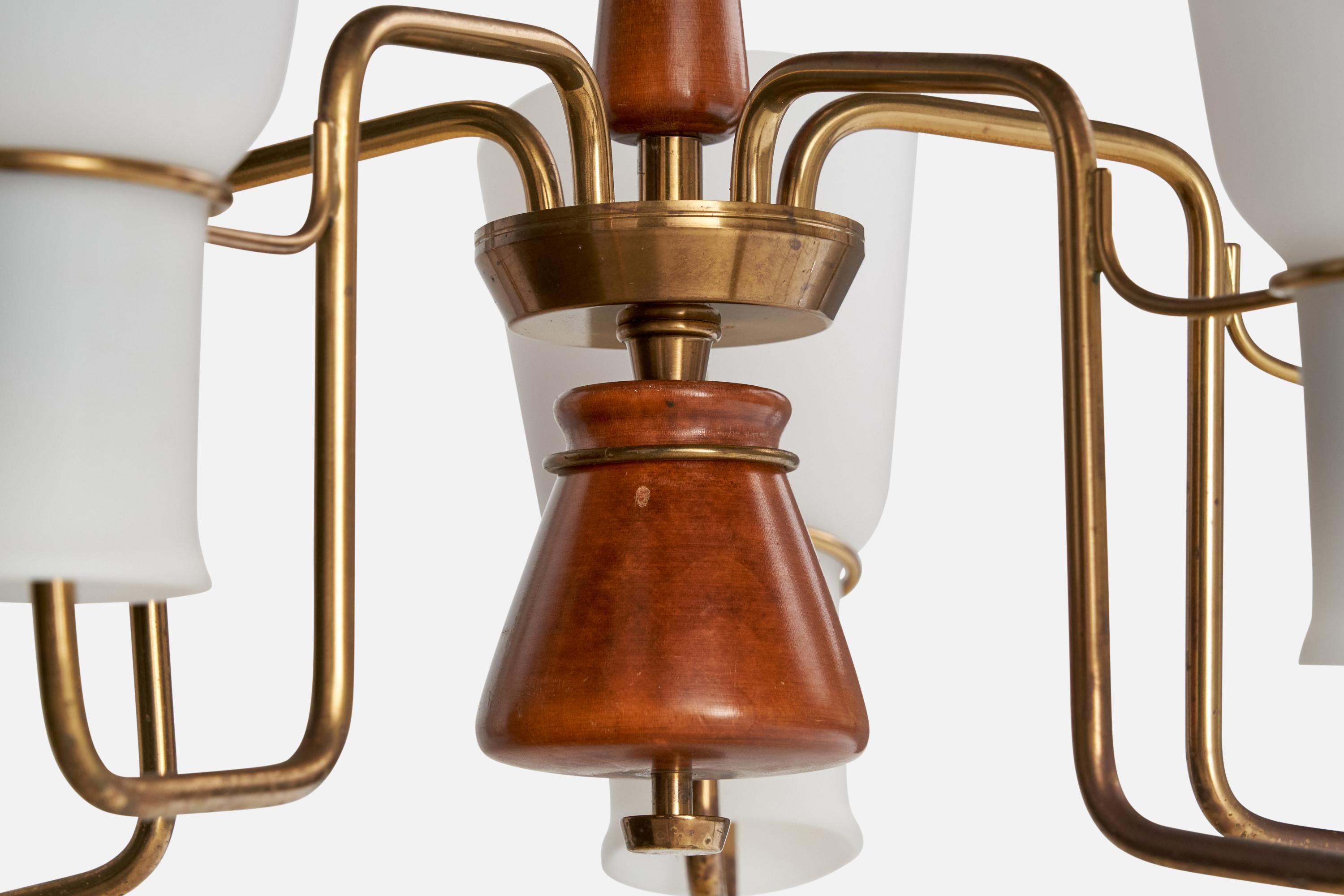 ASEA attribution, Chandelier, Brass, Glass, Wood, Sweden, 1950s For Sale 3