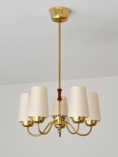 ASEA Belysning Five Arm Brass Chandelier with Silk Shades, Sweden, 1950s