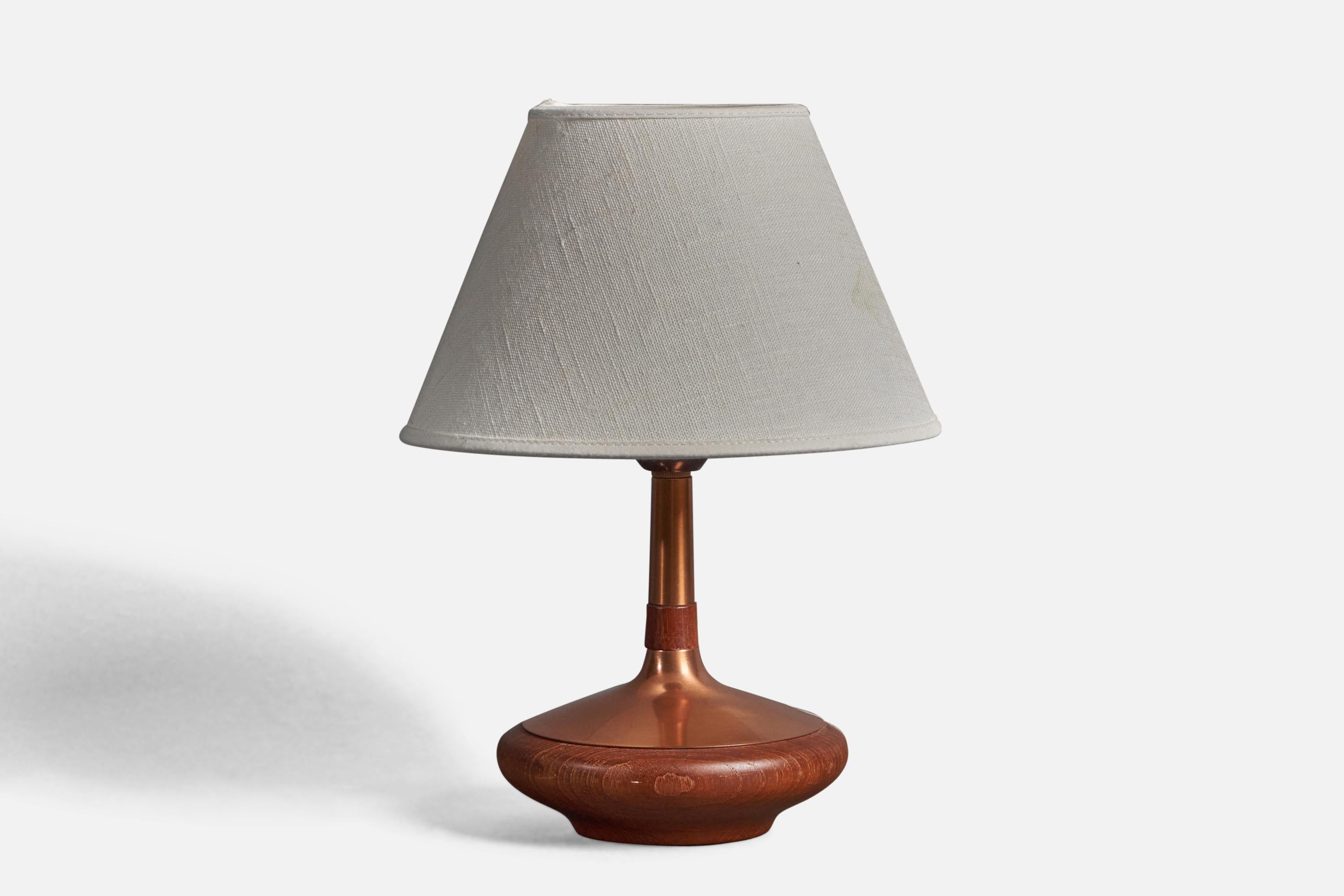 Mid-Century Modern ASEA Belysning, Small Table Lamp, Copper, Turned Teak, Sweden, 1960s For Sale