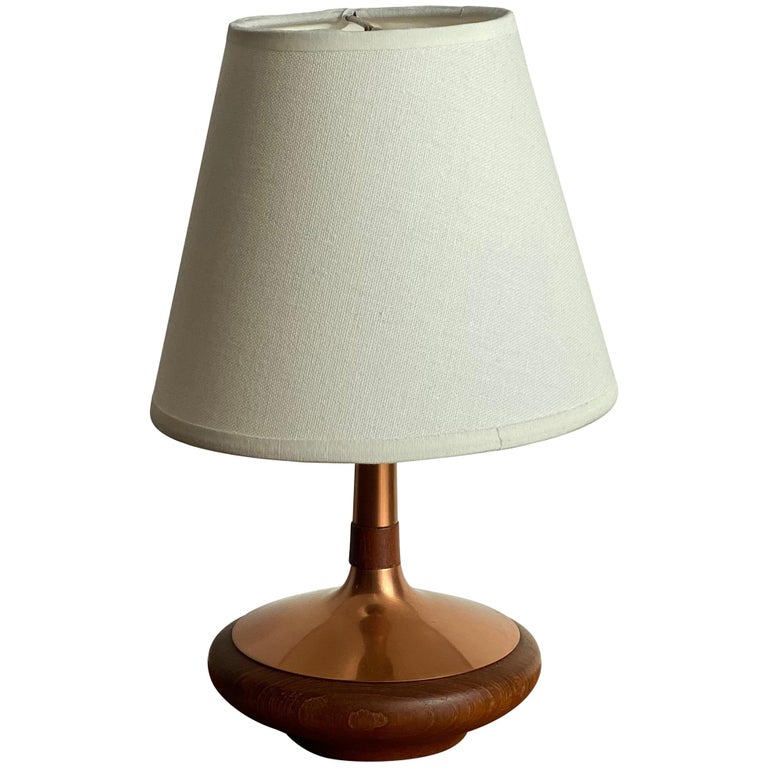 ASEA Belysning, Small Table Lamp, Copper, Turned Teak, Sweden, 1960s For Sale