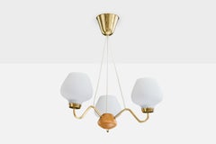 ASEA, Chandelier, Brass, Glass, Oak, Sweden, 1950s