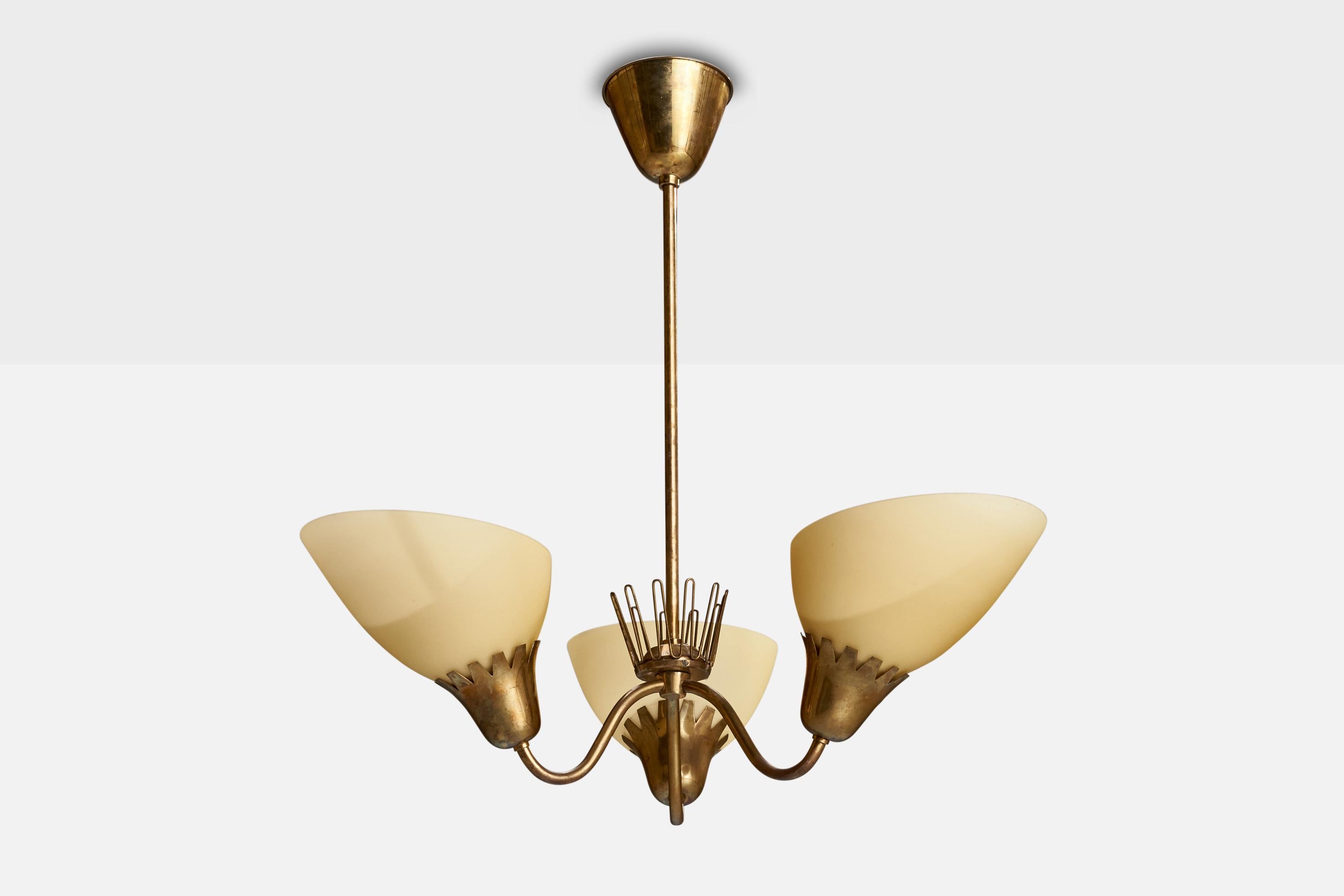 A brass and beige glass chandelier produced by ASEA, Sweden, 1940s.﻿

Dimensions of canopy (inches): 3.52” H x 4.04” Diameter
Socket takes standard E-26 bulbs. 3 socket.There is no maximum wattage stated on the fixture. All lighting will be