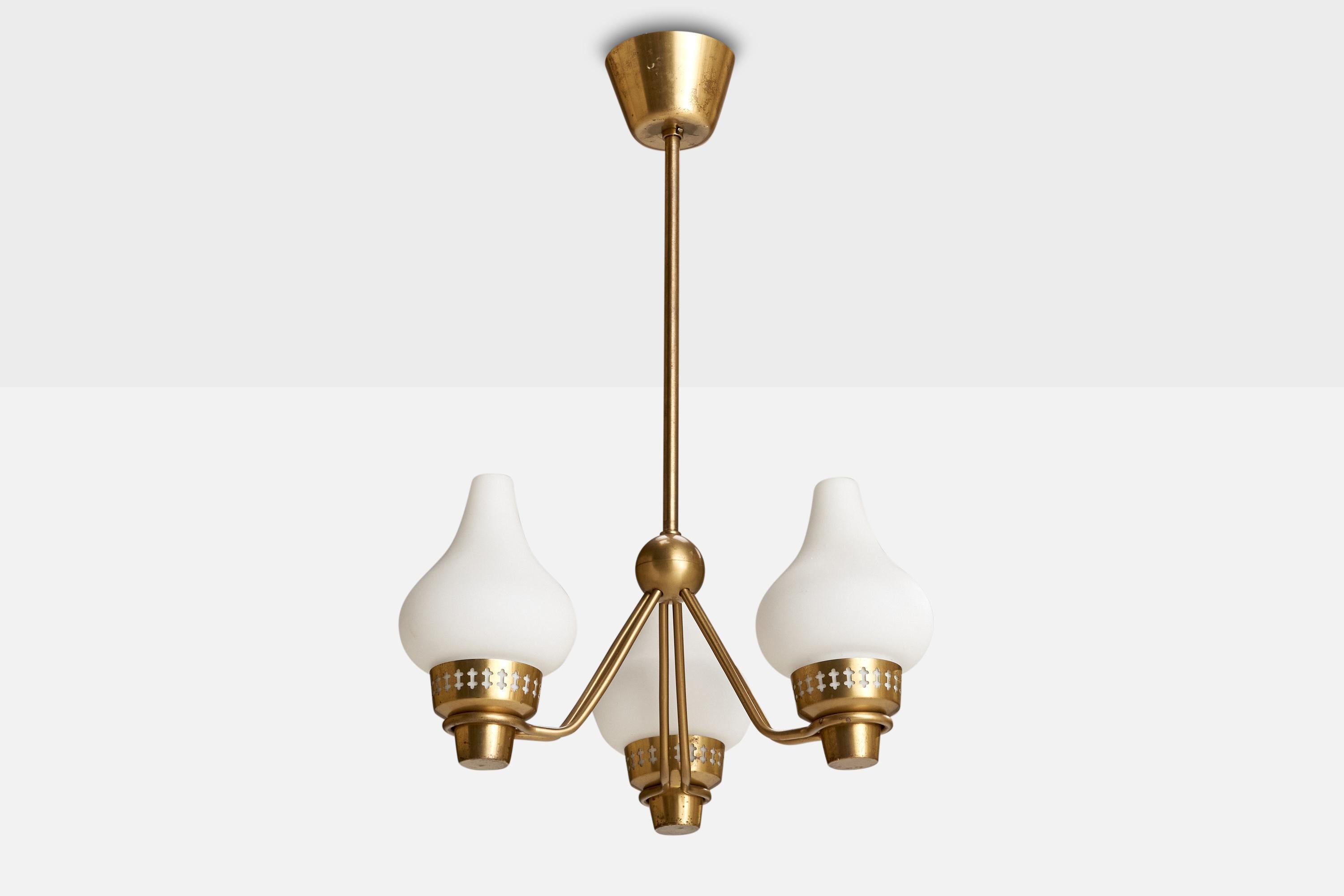 A brass and opaline glass chandelier produced by ASEA, Sweden, c. 1940s.

Overall Dimensions (inches): 25.25” H x  16.75” Diameter
Dimensions of Canopy:  3.125” H x 4.5” D
Stem length: 13.75”H
Bulb Specifications: E-12, E-14, E-26  Bulbs
Number of