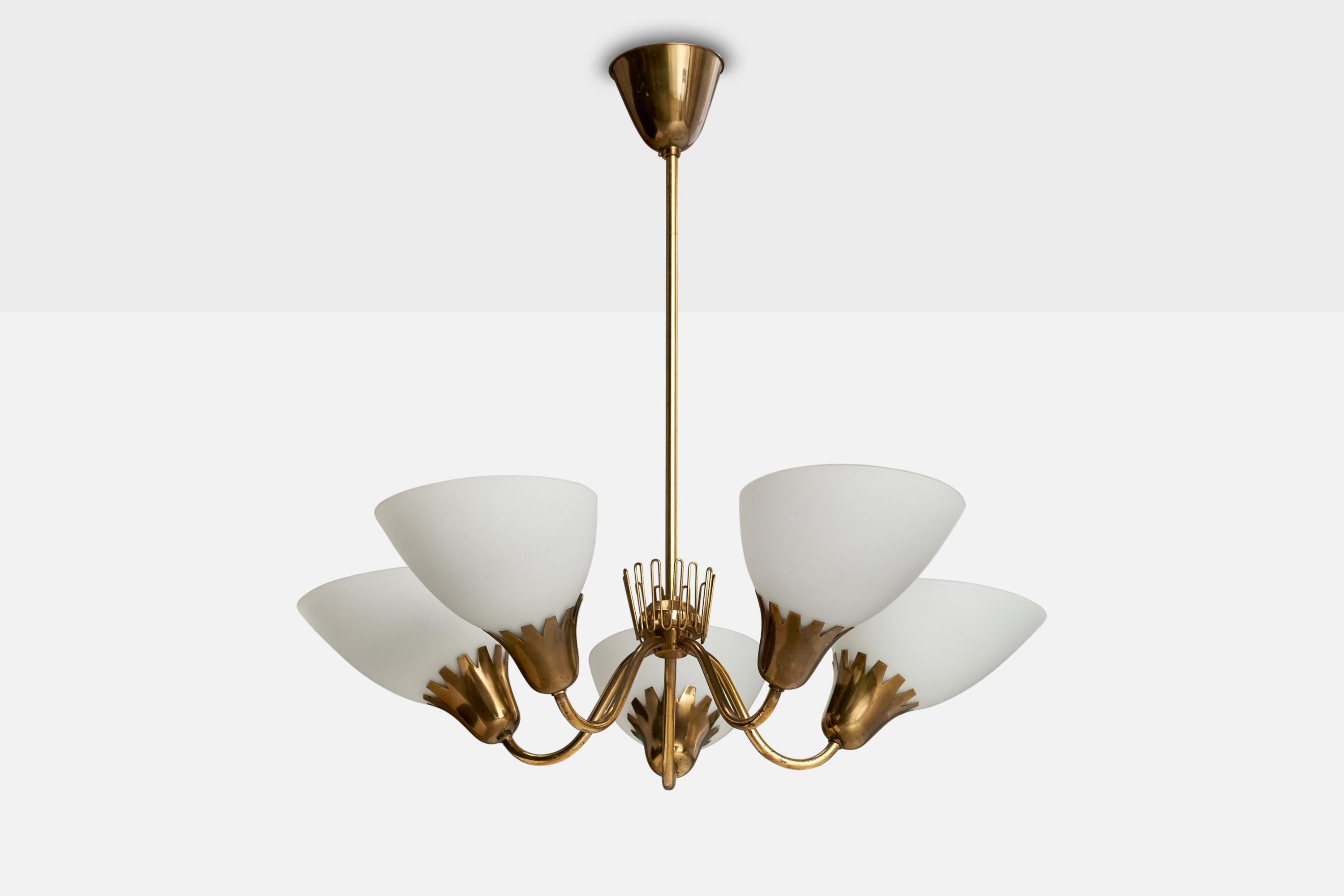 A brass and white opaline glass chandelier designed and produced by ASEA, Sweden, c. 1940s.

Overall Dimensions (inches): 27.75” H x  25.25” Diameter
Dimensions of Canopy:  3.5” H x 4” W x 4” D
Stem length: 16”H
Bulb Specifications: E-26 