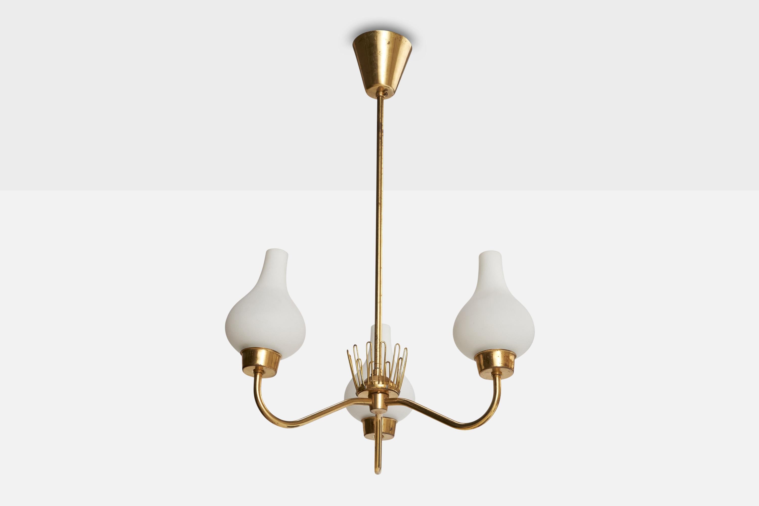 A brass and white opaline glass chandelier produced by Asea, Sweden, c. 1940s.

Overall Dimensions (inches): 22.25” H x  15” Diameter

Dimensions of Canopy:  3” H x 3.625” diameter

Stem length: 14.5” H

Bulb Specifications: E-14

Number of Sockets: