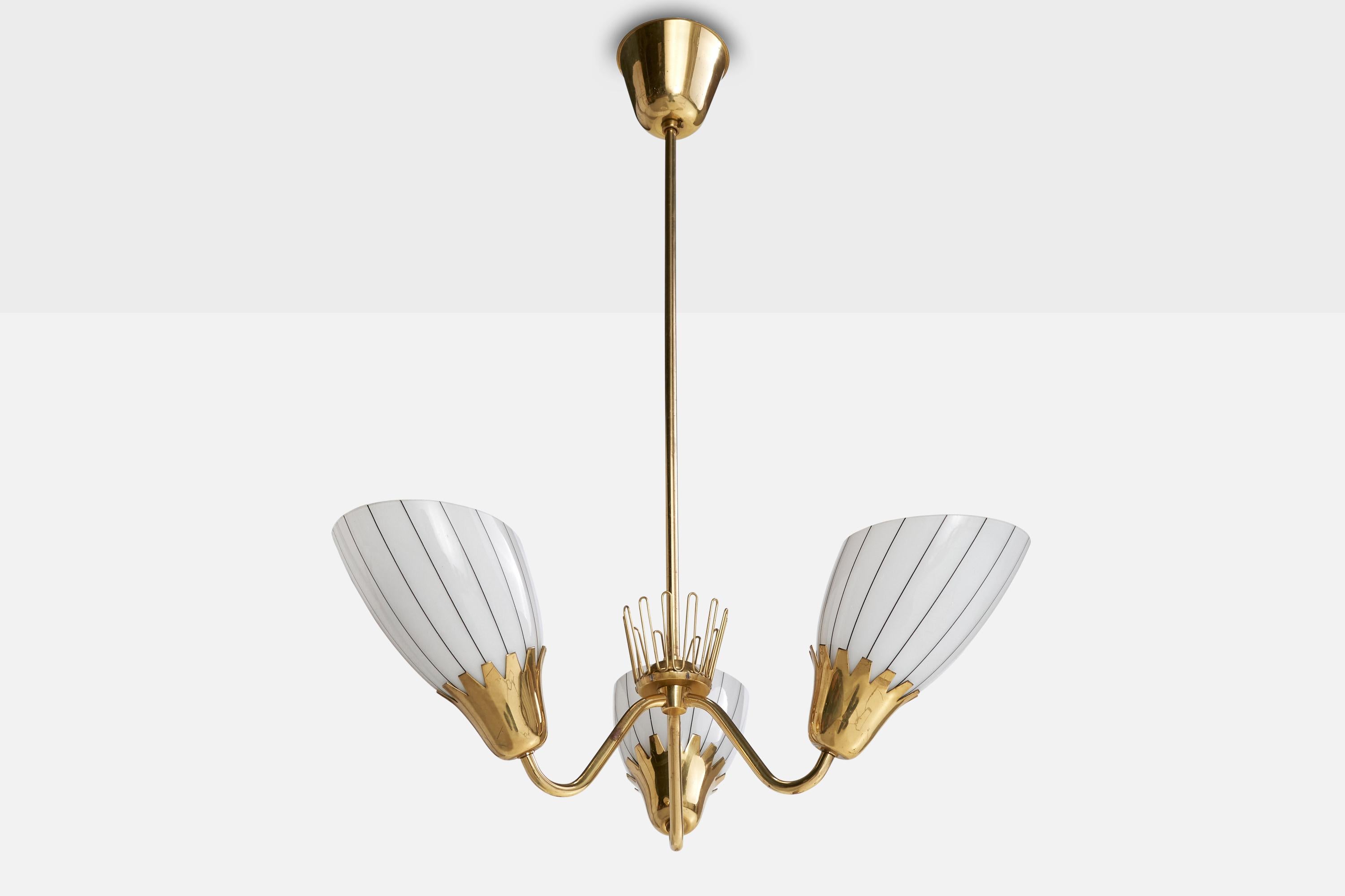 A brass and white opaline glass chandelier designed and produced by ASEA, Sweden, c. 1940s.

Overall Dimensions (inches): 30” H x  18.5” Diameter

Dimensions of Canopy:  3.25” H x 4” Diameter

Stem length: 22” H

Bulb Specifications: E-26 

Number