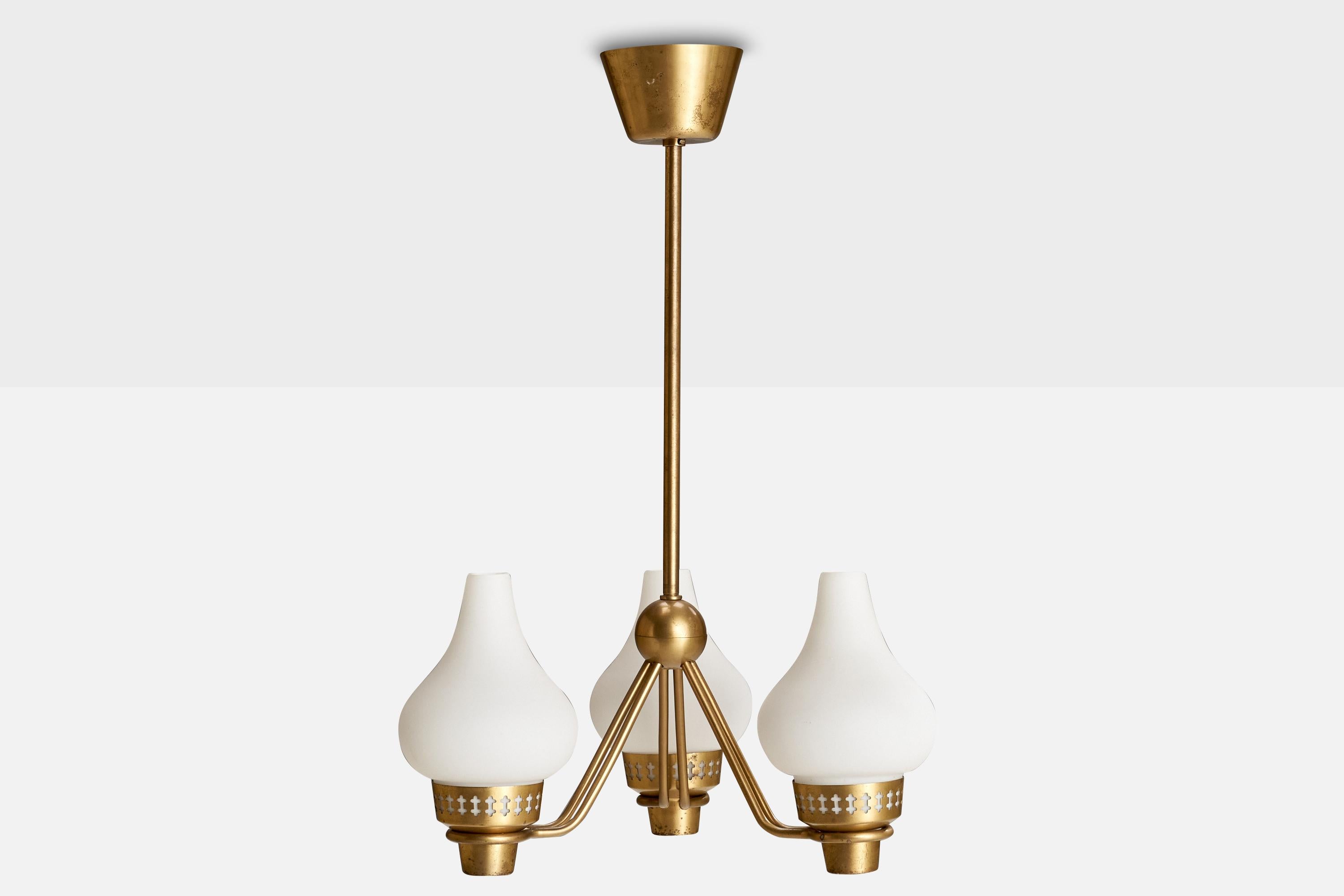 Scandinavian Modern ASEA, Chandelier, Brass, Glass, Sweden, 1940s For Sale