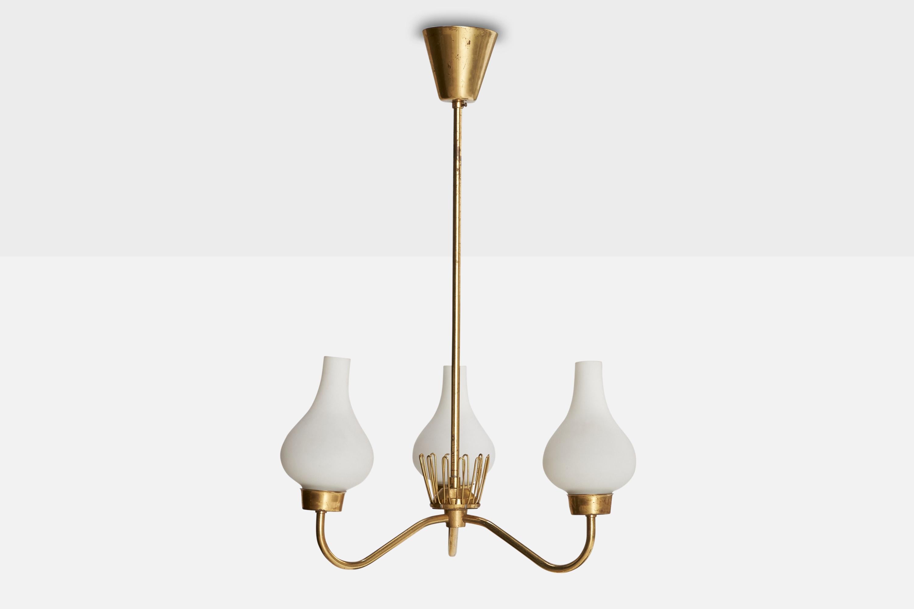 Scandinavian Modern Asea, Chandelier, Brass, Glass, Sweden, 1940s For Sale