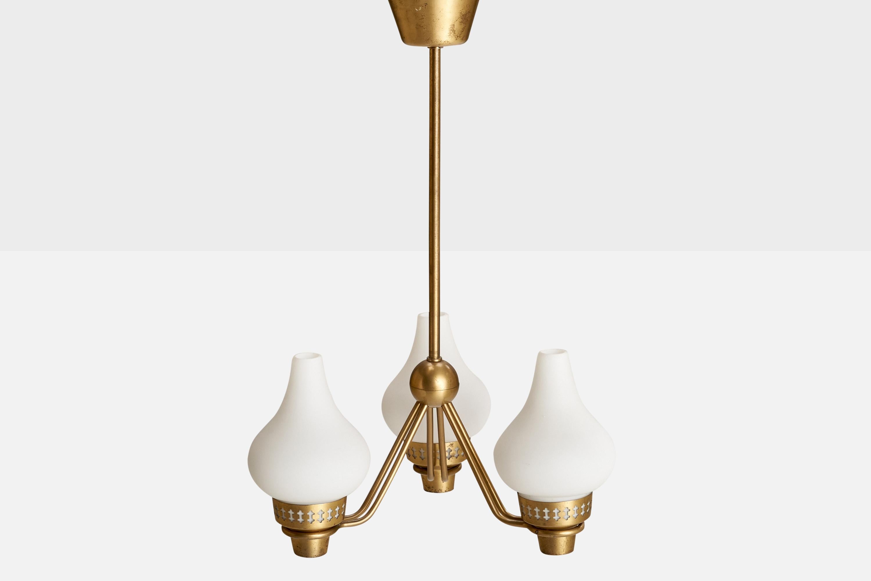 Swedish ASEA, Chandelier, Brass, Glass, Sweden, 1940s For Sale