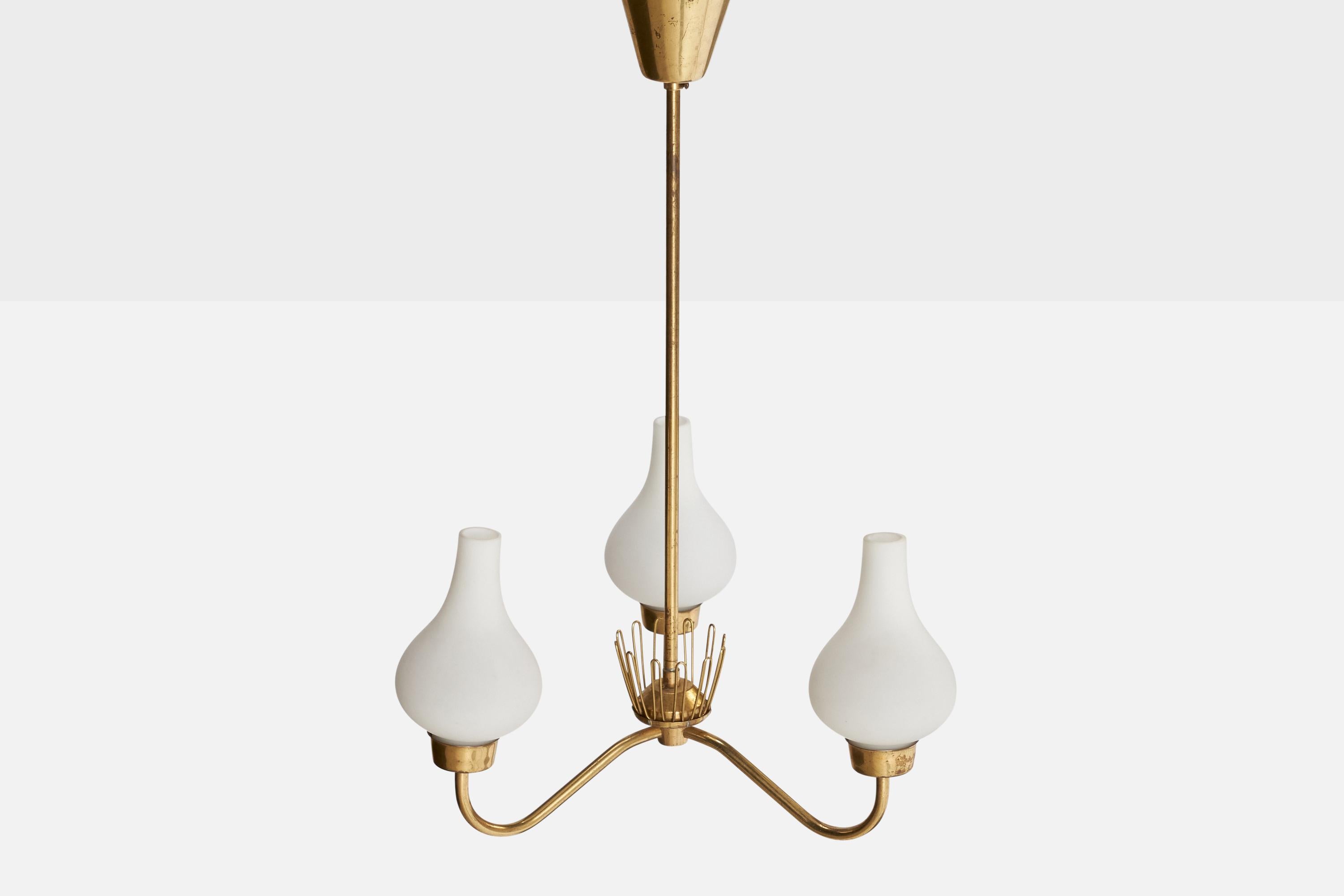 Swedish Asea, Chandelier, Brass, Glass, Sweden, 1940s For Sale