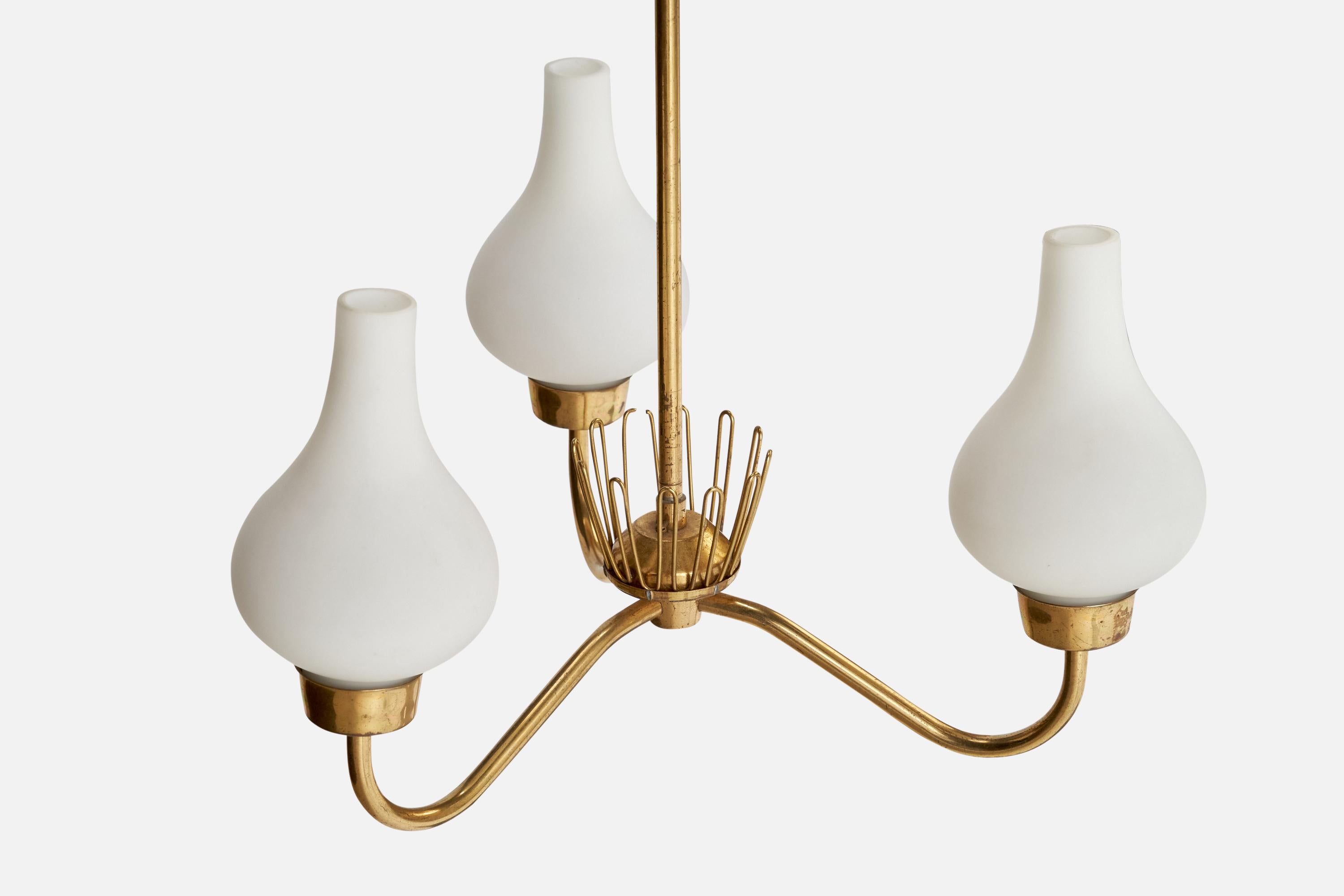 Asea, Chandelier, Brass, Glass, Sweden, 1940s In Good Condition For Sale In High Point, NC