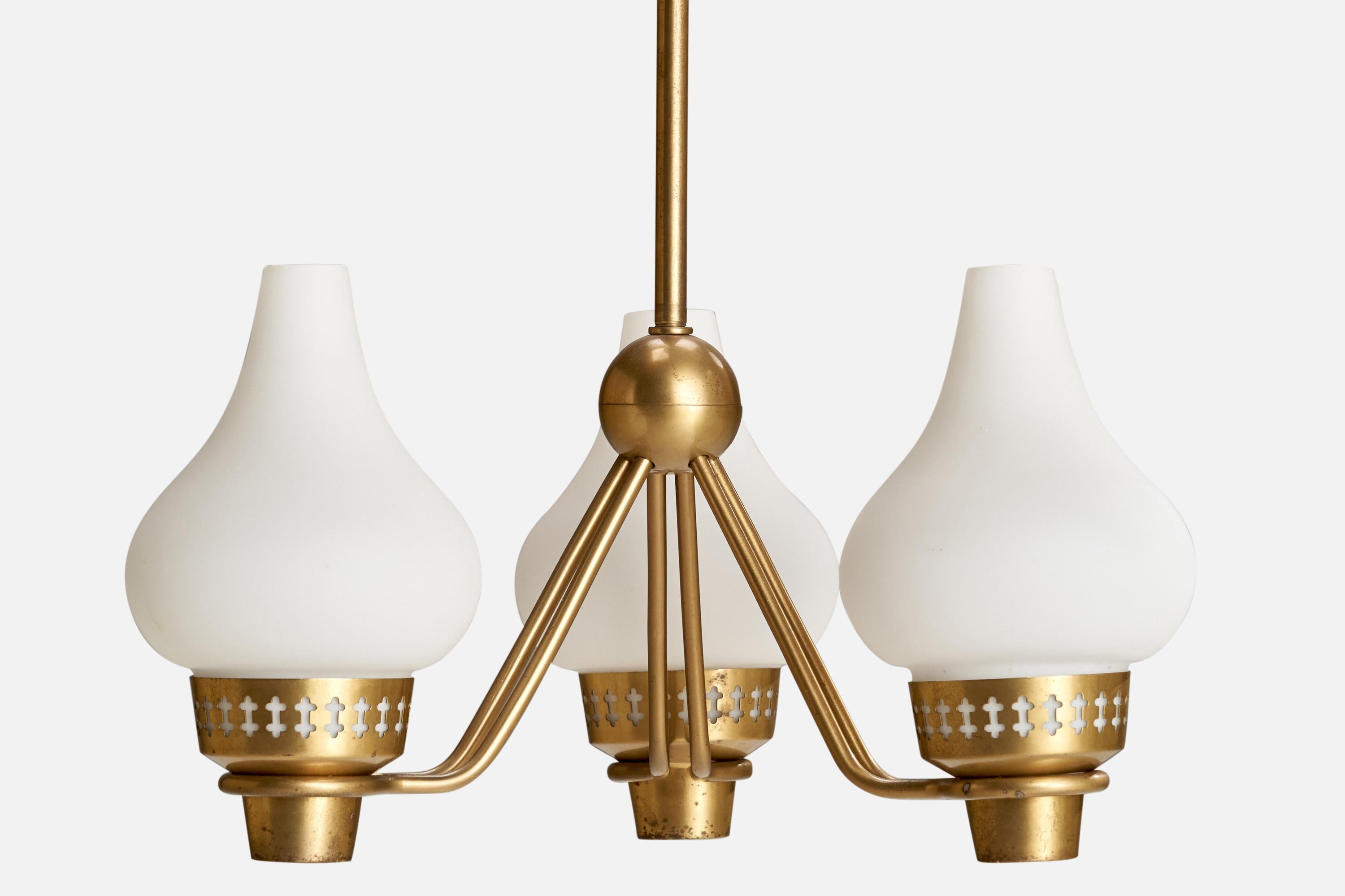 ASEA, Chandelier, Brass, Glass, Sweden, 1940s For Sale 1