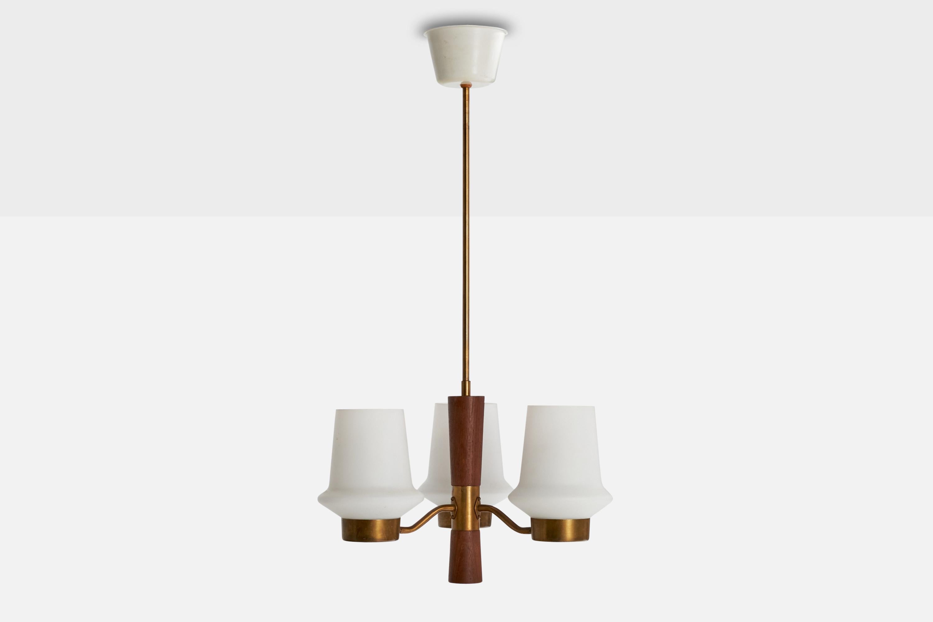 Scandinavian Modern ASEA, Chandelier, Brass, Glass, Teak, Sweden, 1950s For Sale
