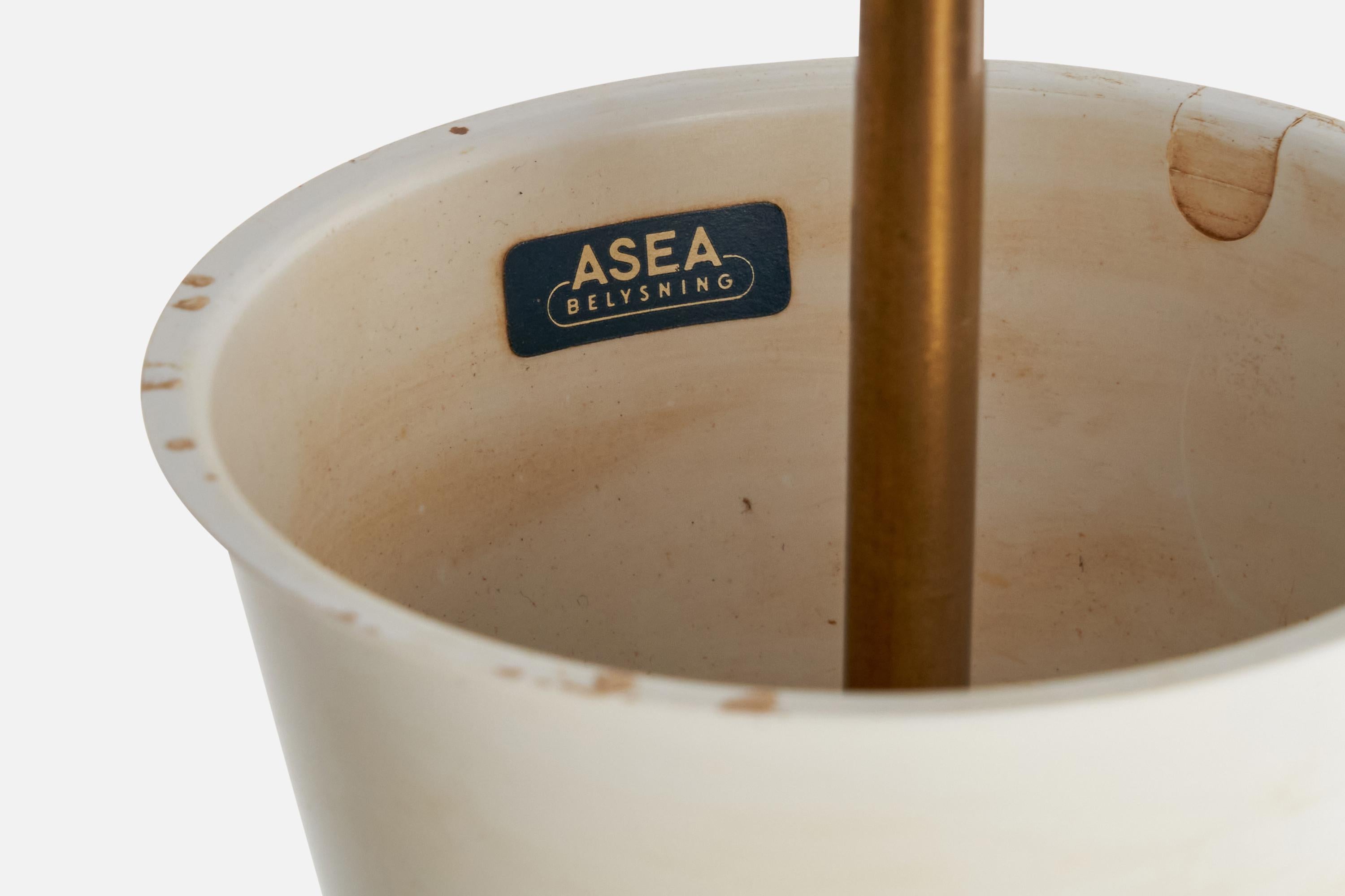 ASEA, Chandelier, Brass, Glass, Teak, Sweden, 1950s In Good Condition For Sale In High Point, NC