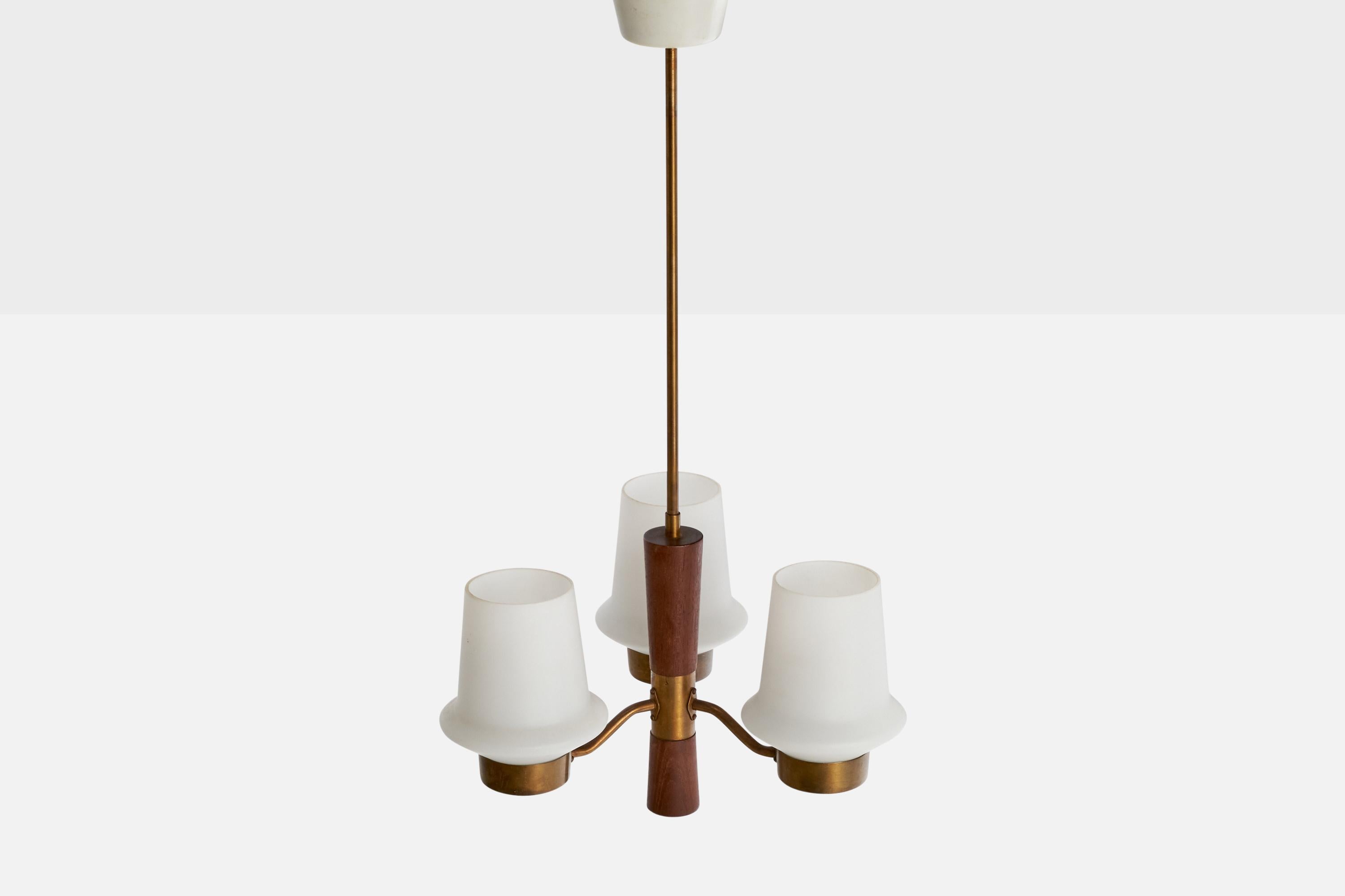 Mid-20th Century ASEA, Chandelier, Brass, Glass, Teak, Sweden, 1950s For Sale