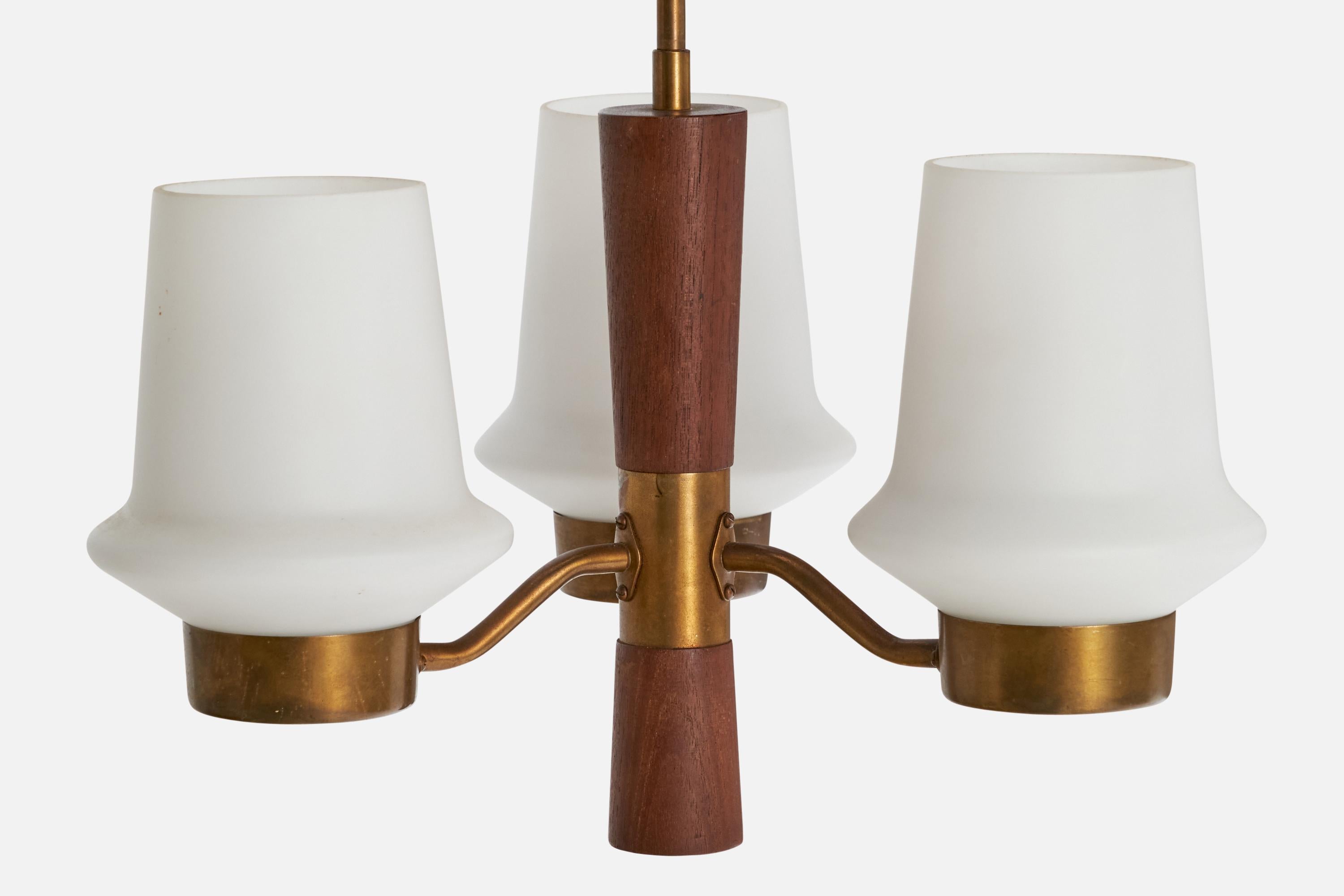 ASEA, Chandelier, Brass, Glass, Teak, Sweden, 1950s For Sale 1