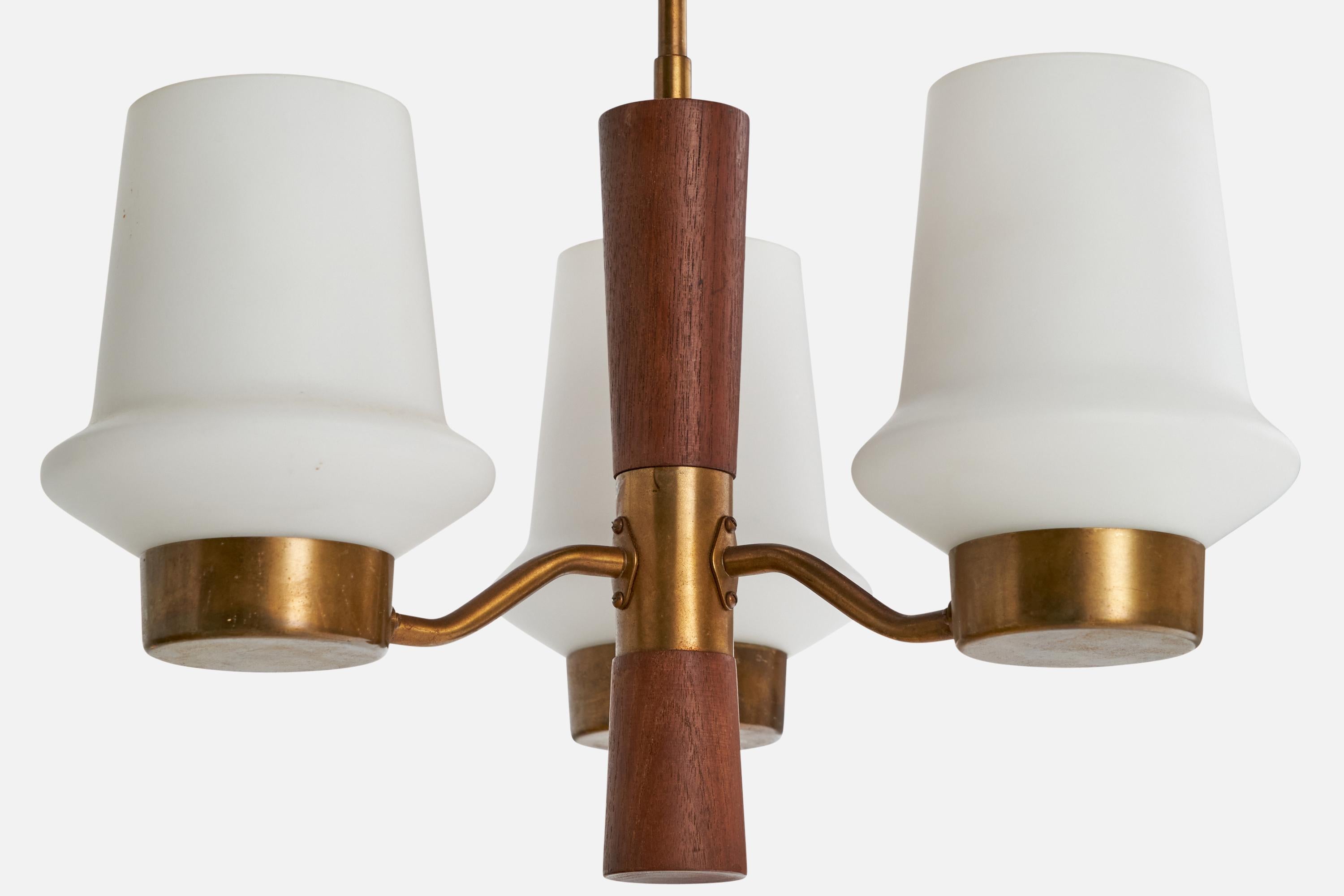 ASEA, Chandelier, Brass, Glass, Teak, Sweden, 1950s For Sale 2