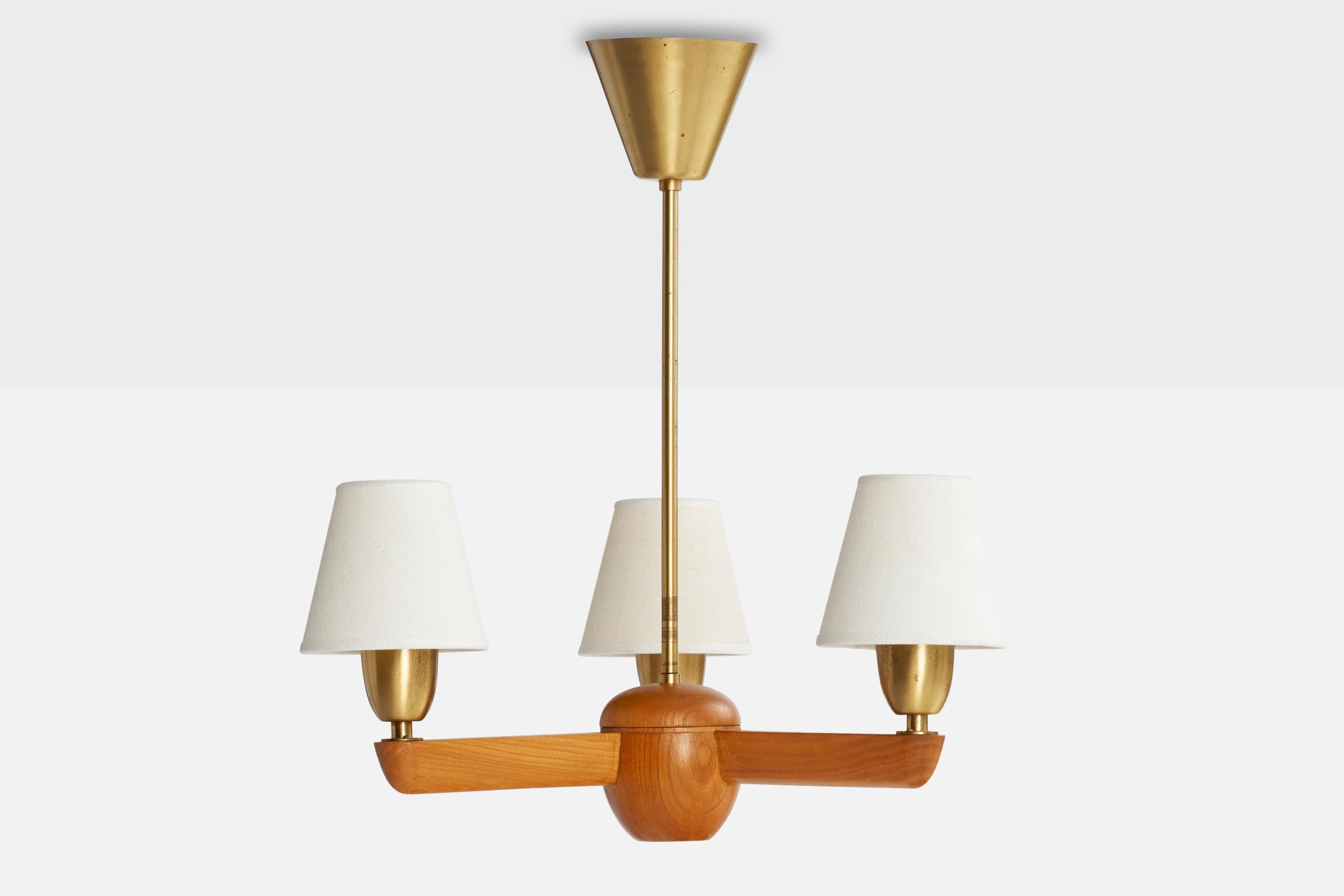Scandinavian Modern ASEA, Chandelier, Brass, Oak, Fabric, Sweden, 1940s For Sale