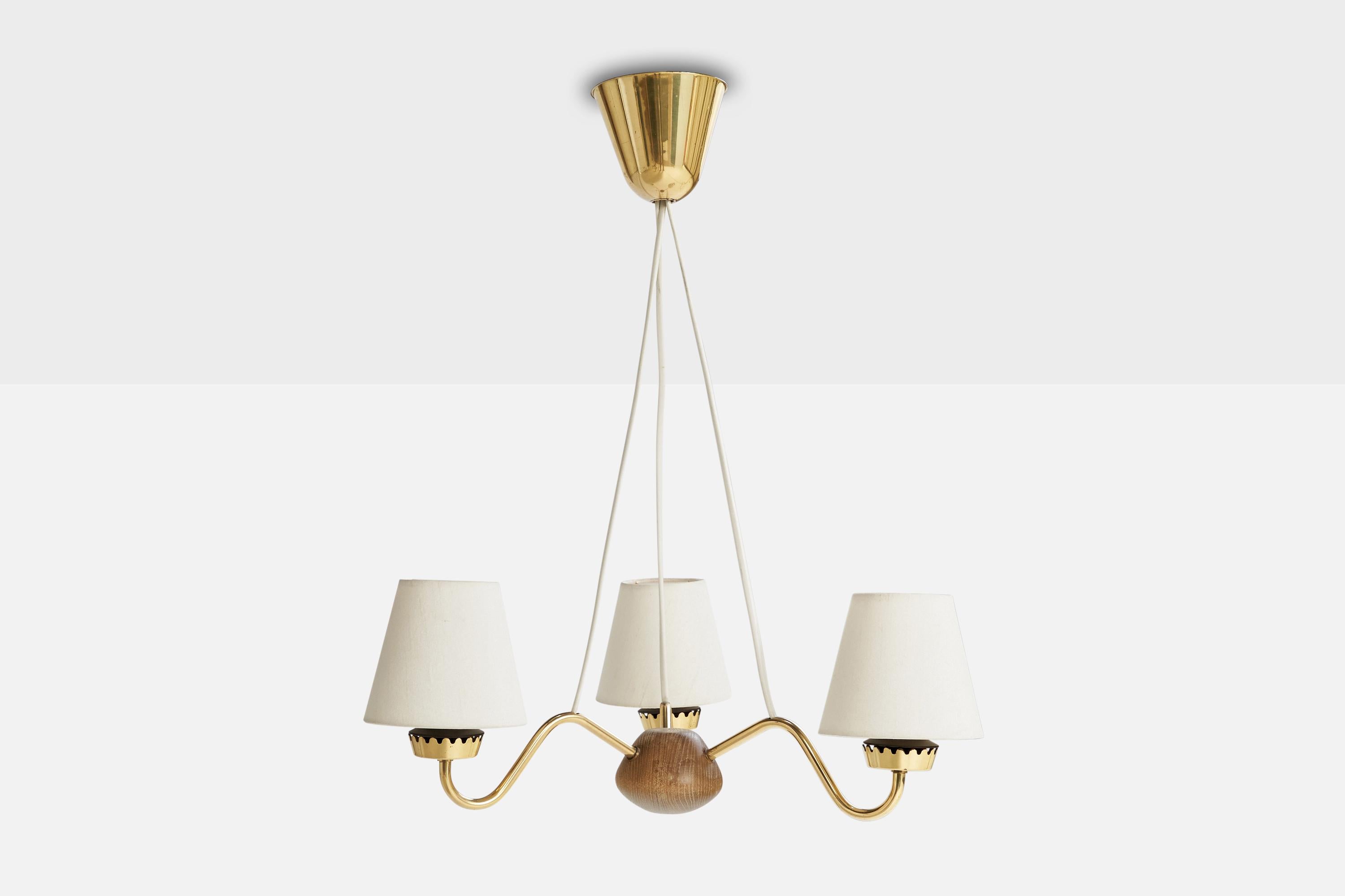 Scandinavo moderno ASEA, Lampadario, Ottone, Oak, Tessuto, Svezia, anni '40 in vendita