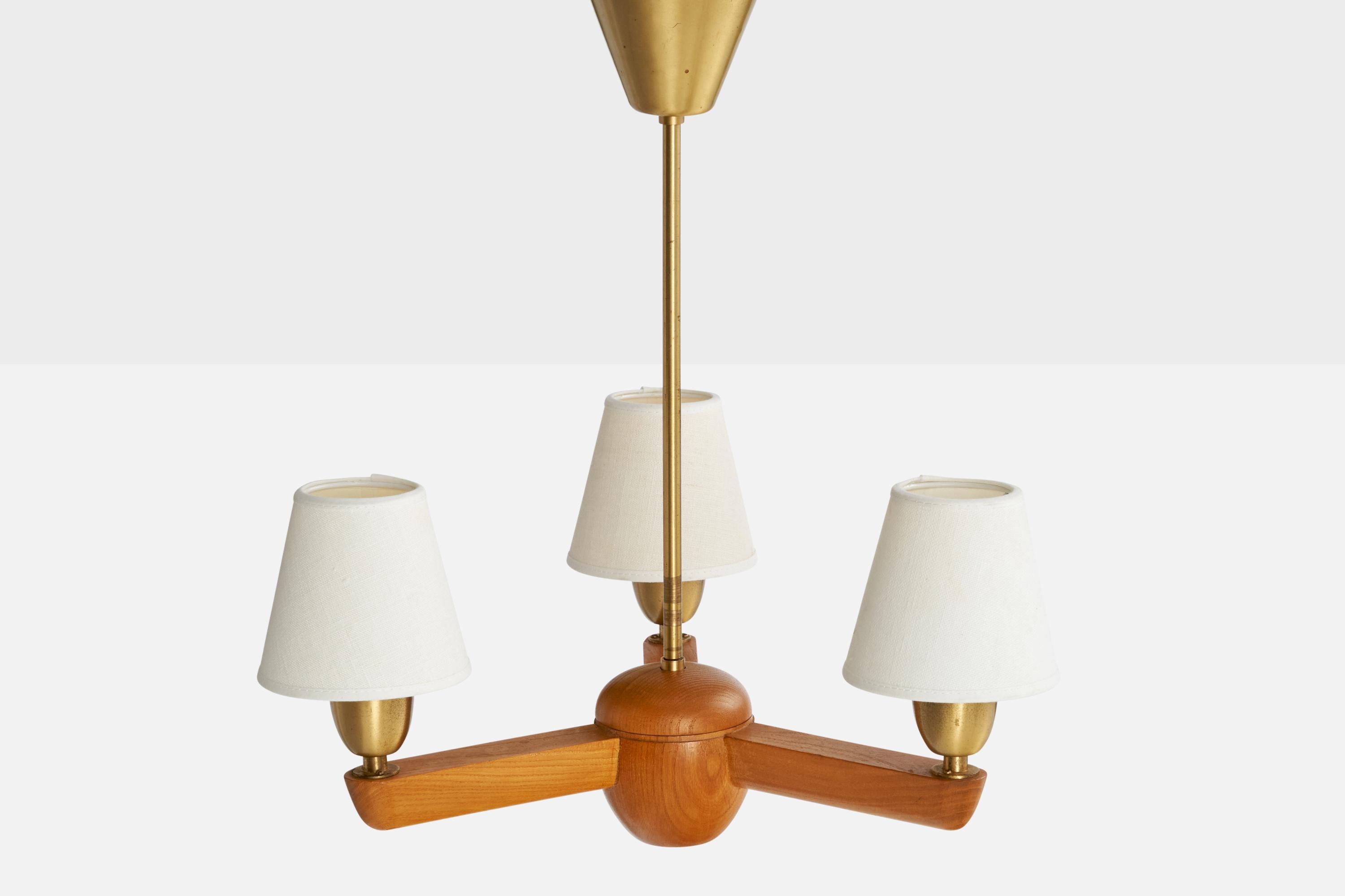 Swedish ASEA, Chandelier, Brass, Oak, Fabric, Sweden, 1940s For Sale