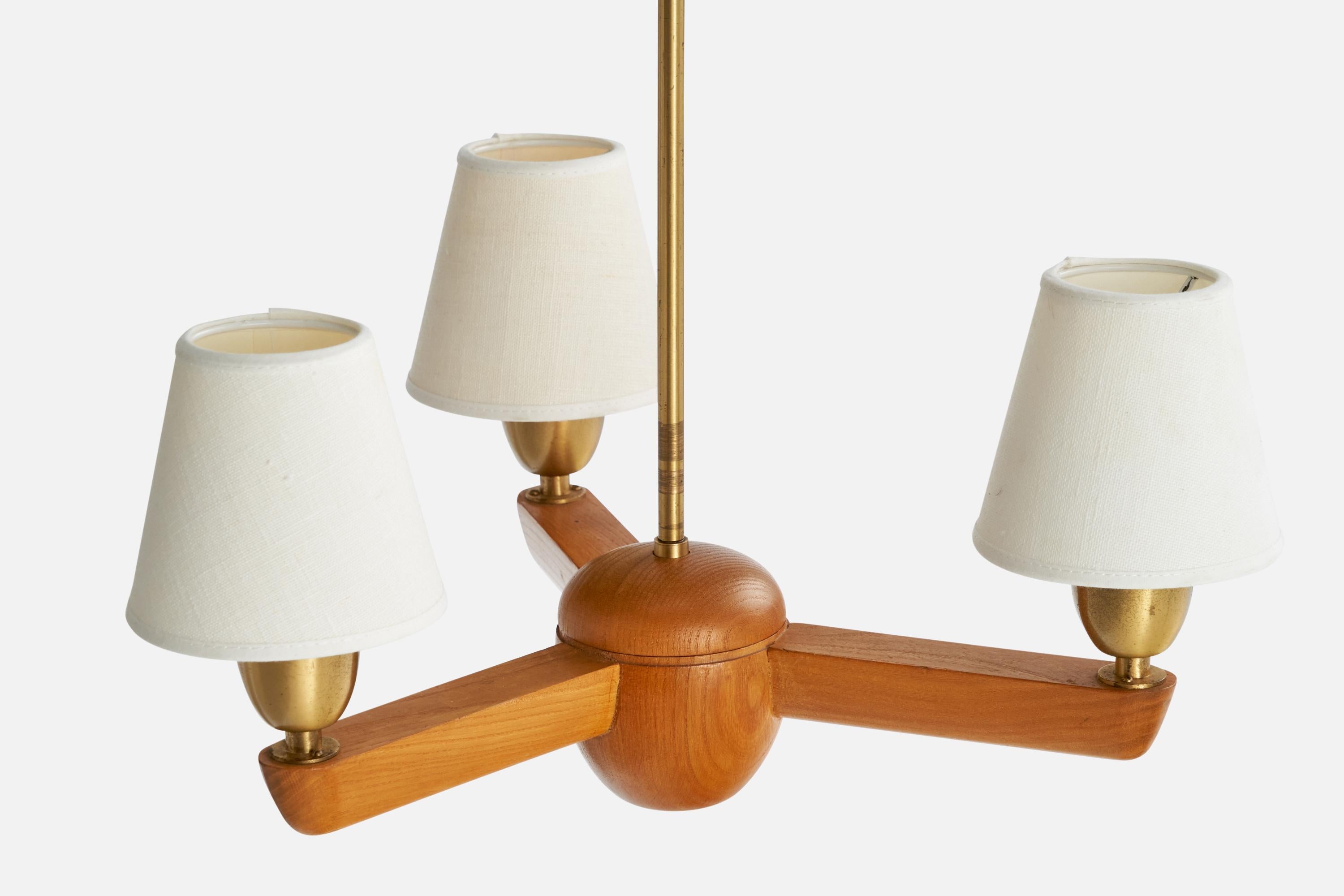 ASEA, Chandelier, Brass, Oak, Fabric, Sweden, 1940s In Good Condition For Sale In High Point, NC