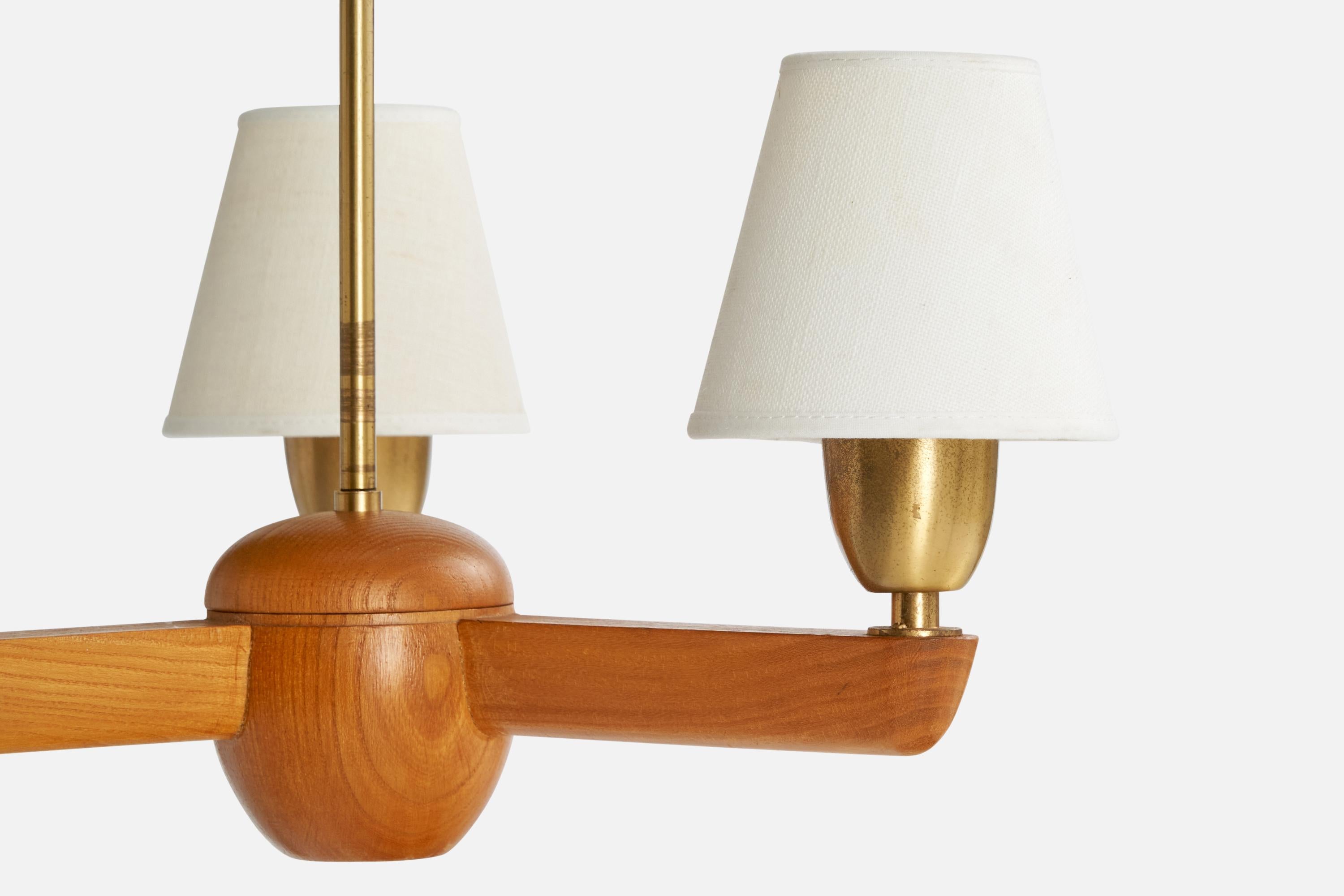 Mid-20th Century ASEA, Chandelier, Brass, Oak, Fabric, Sweden, 1940s For Sale