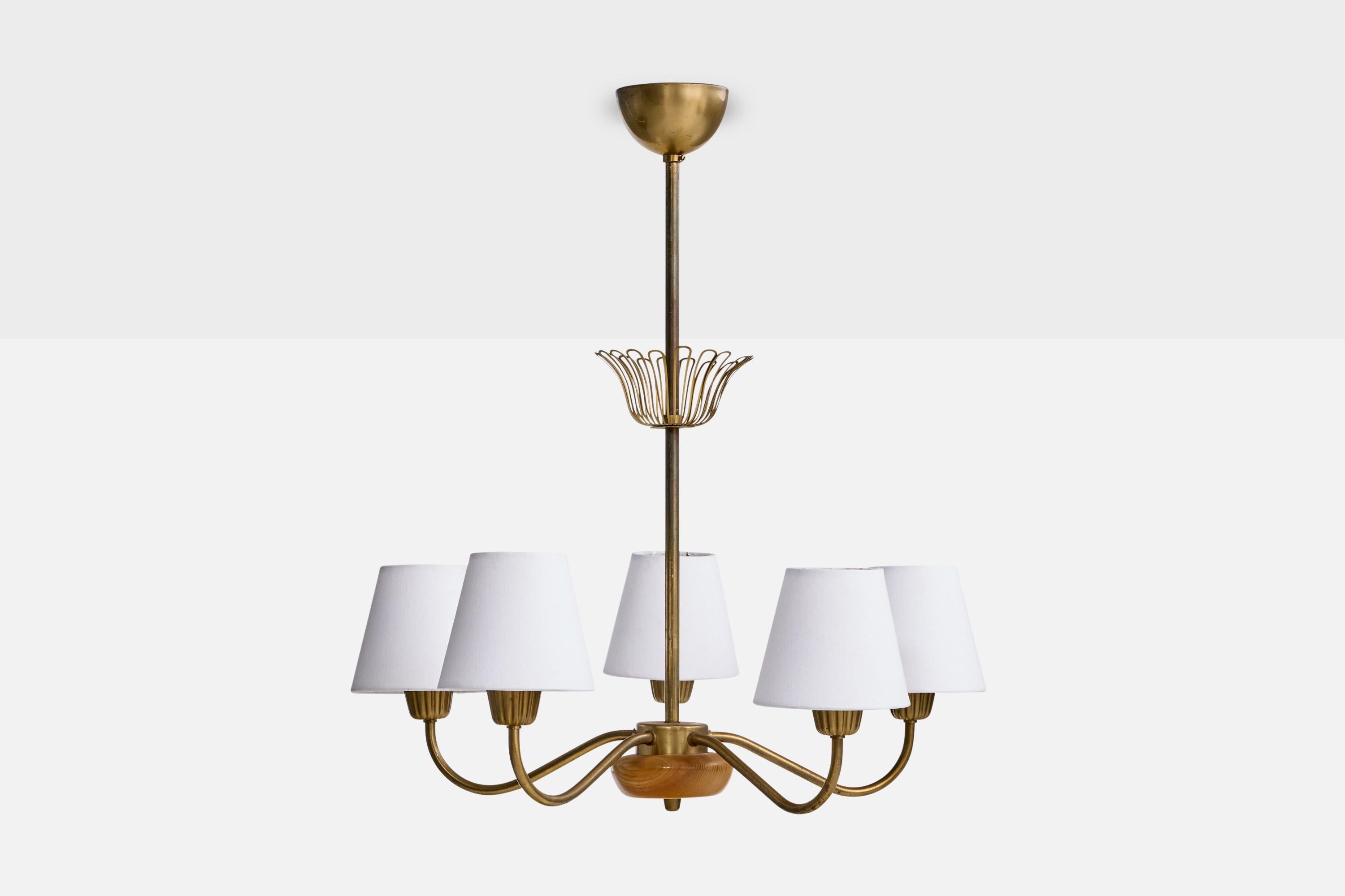 Mid-Century Modern ASEA, Chandelier, Brass, Oak, Fabric, Sweden, 1950s For Sale