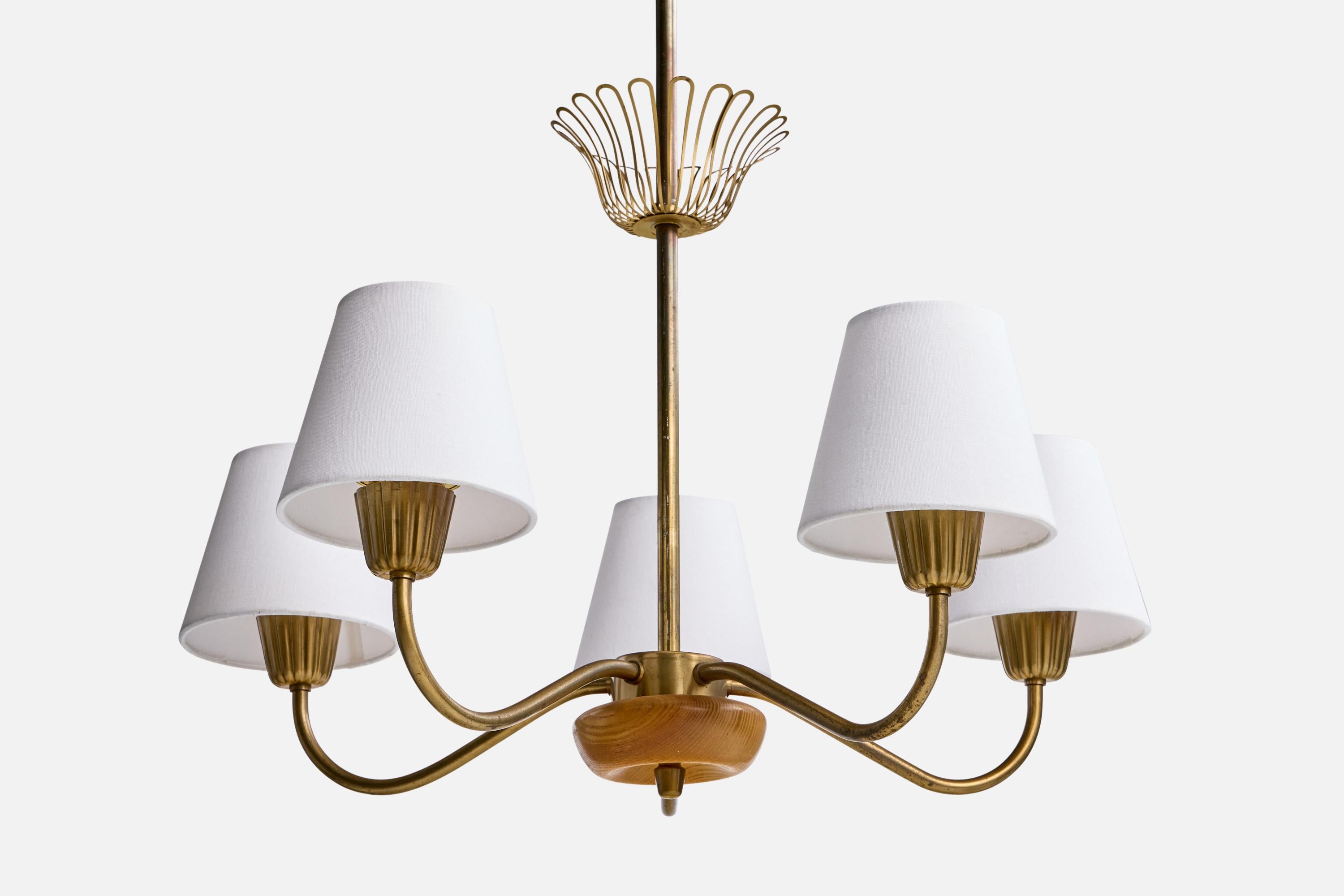 ASEA, Chandelier, Brass, Oak, Fabric, Sweden, 1950s In Good Condition For Sale In High Point, NC