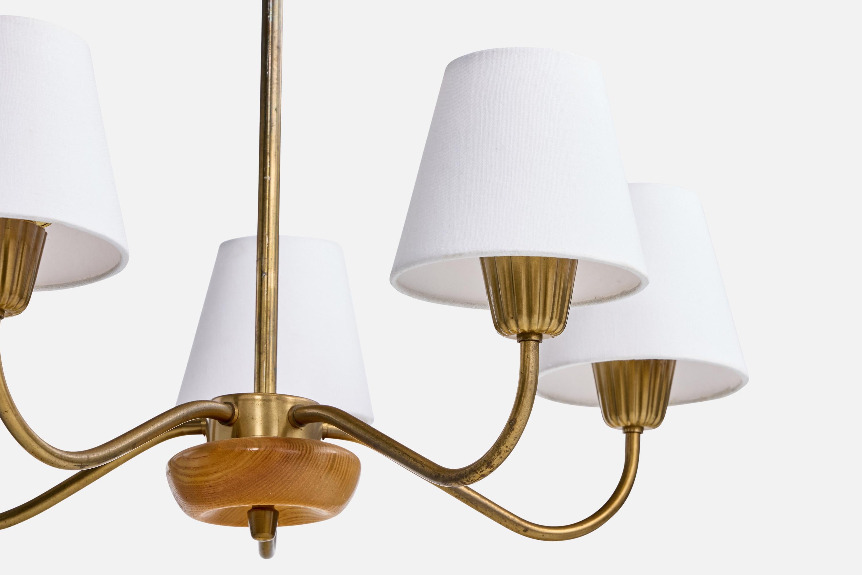 Mid-20th Century ASEA, Chandelier, Brass, Oak, Fabric, Sweden, 1950s For Sale