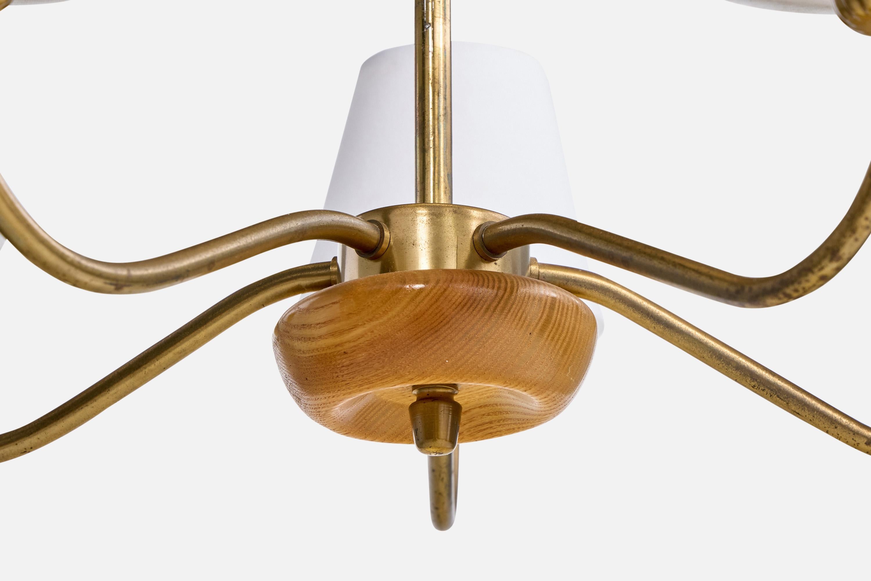 ASEA, Chandelier, Brass, Oak, Fabric, Sweden, 1950s For Sale 1