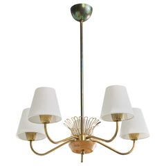 ASEA, Chandelier, Brass, Oak, Fabric, Sweden, 1950s