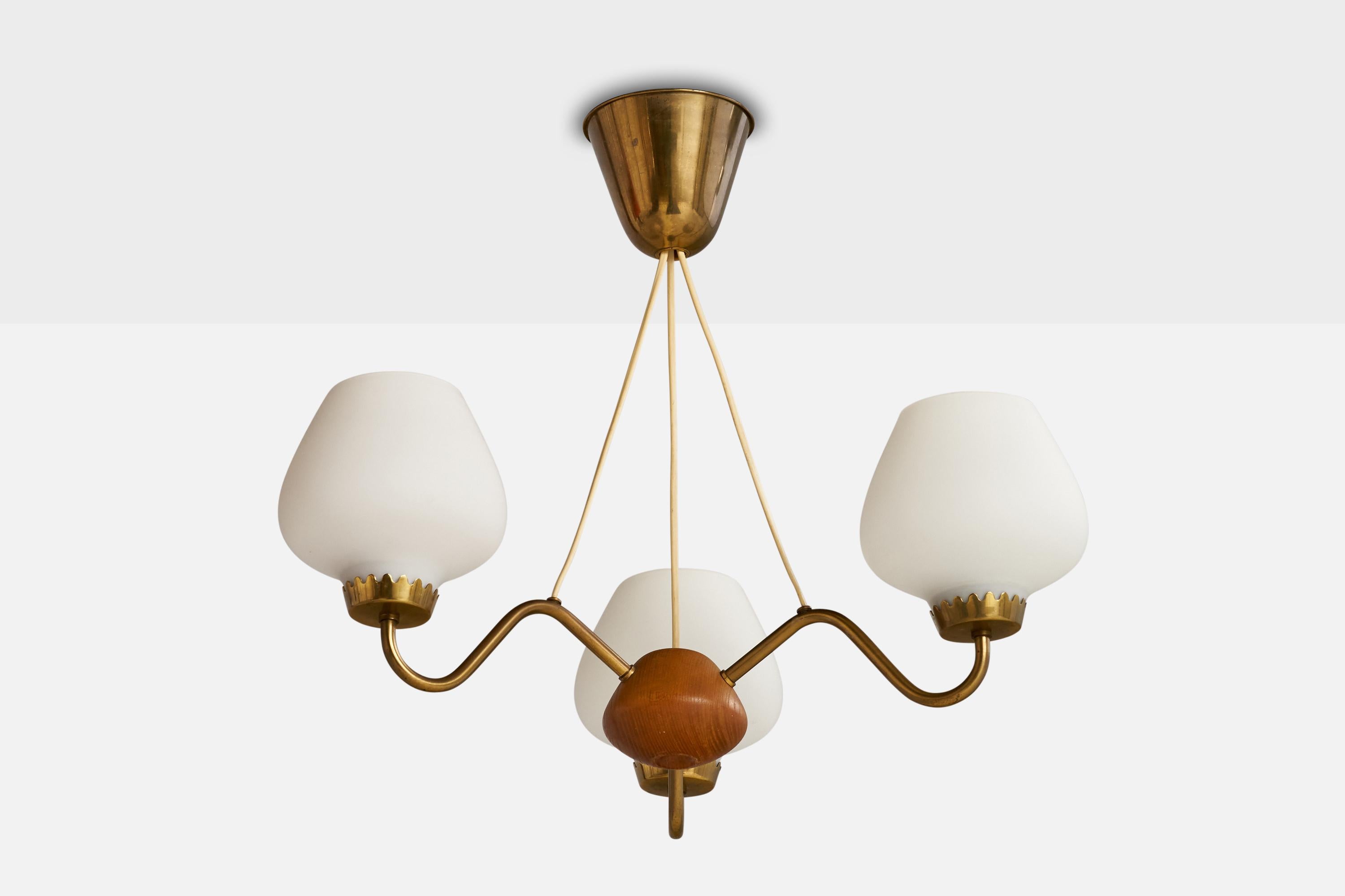 A three-armed brass, oak and opaline glass chandelier designed and produced by ASEA, Sweden, 1940s.

Dimensions of canopy (inches): 3.75”  H x 3.5” Diameter
Socket takes standard E-26 bulbs. 3 sockets.There is no maximum wattage stated on the