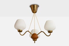 ASEA, Chandelier, Brass, Oak, Glass, Sweden, 1940s