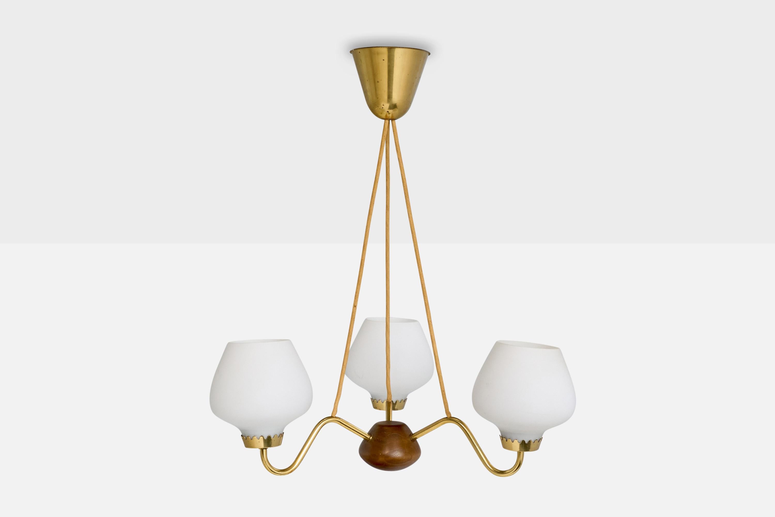 Scandinavian Modern ASEA, Chandelier, Brass, Oak, Glass, Sweden, 1950s For Sale