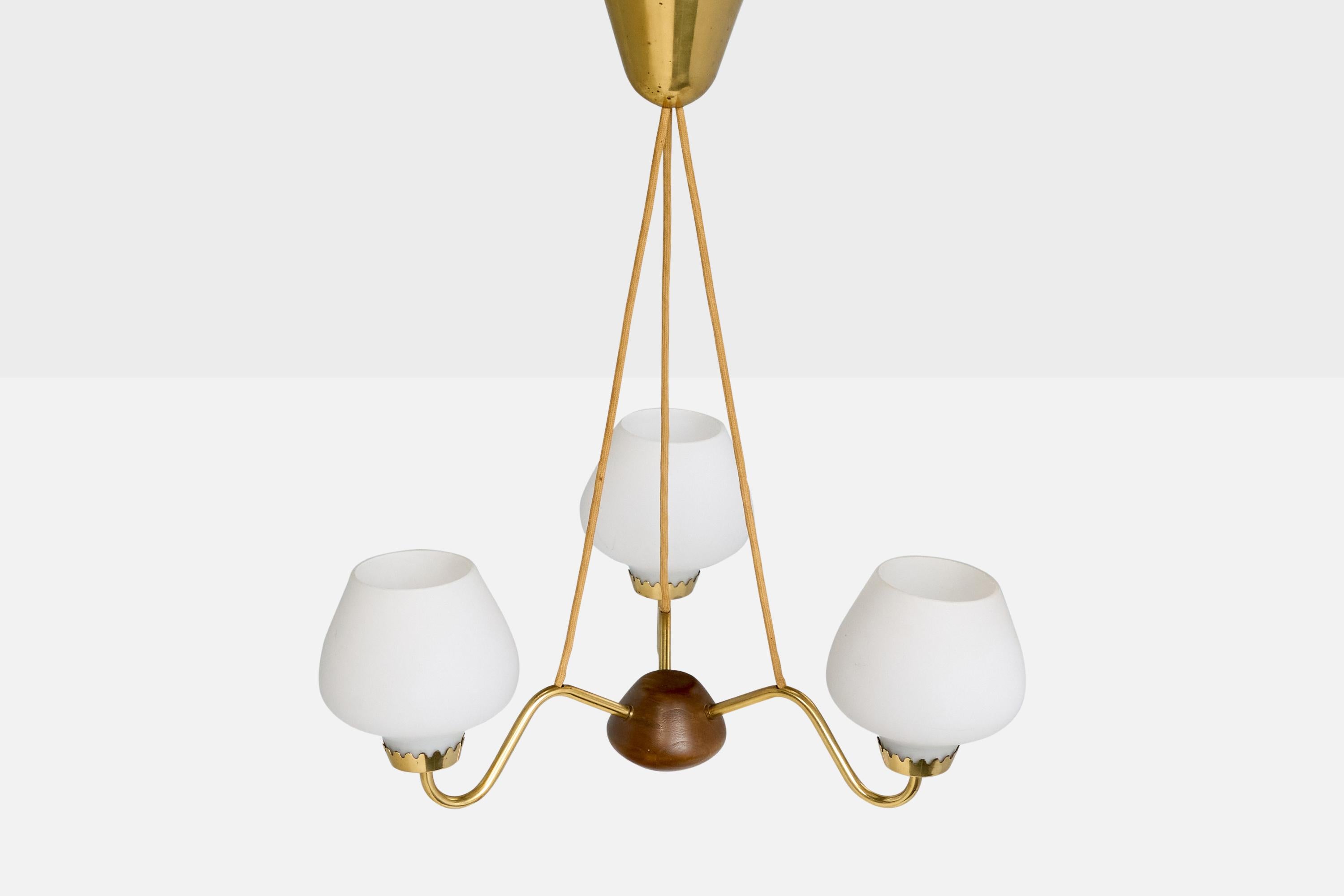 Swedish ASEA, Chandelier, Brass, Oak, Glass, Sweden, 1950s For Sale