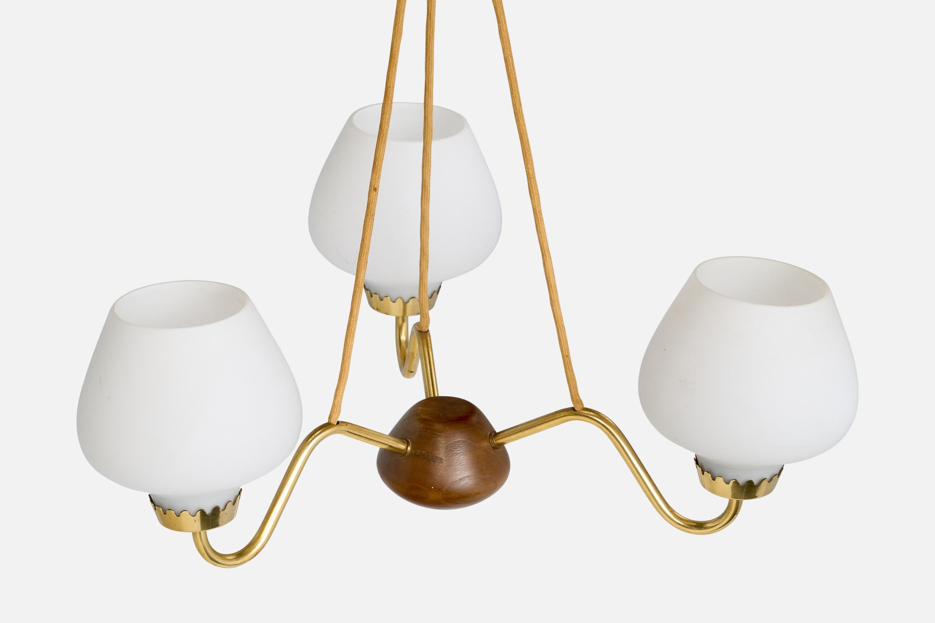 ASEA, Chandelier, Brass, Oak, Glass, Sweden, 1950s In Good Condition For Sale In High Point, NC