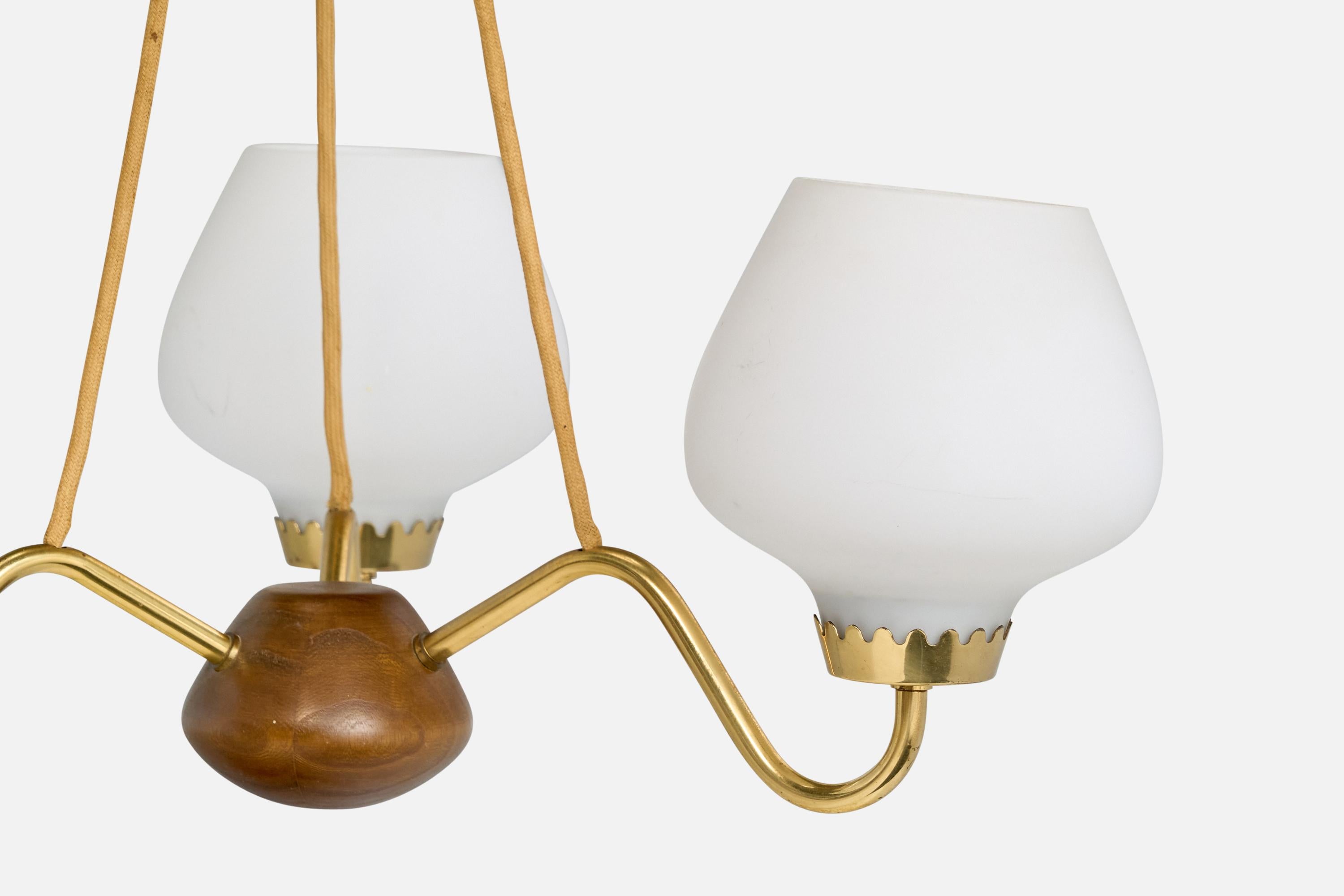 Mid-20th Century ASEA, Chandelier, Brass, Oak, Glass, Sweden, 1950s For Sale
