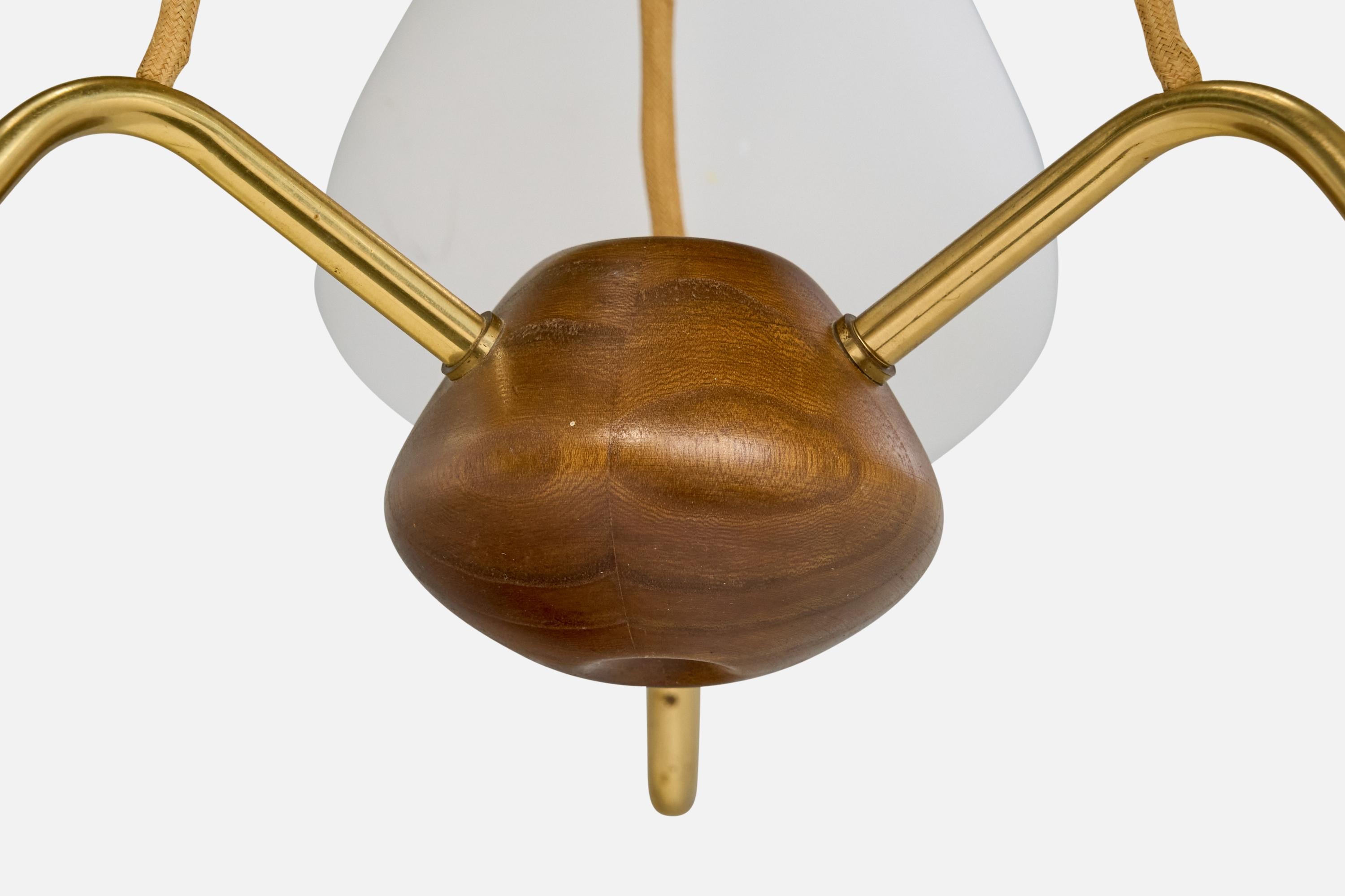 ASEA, Chandelier, Brass, Oak, Glass, Sweden, 1950s For Sale 1