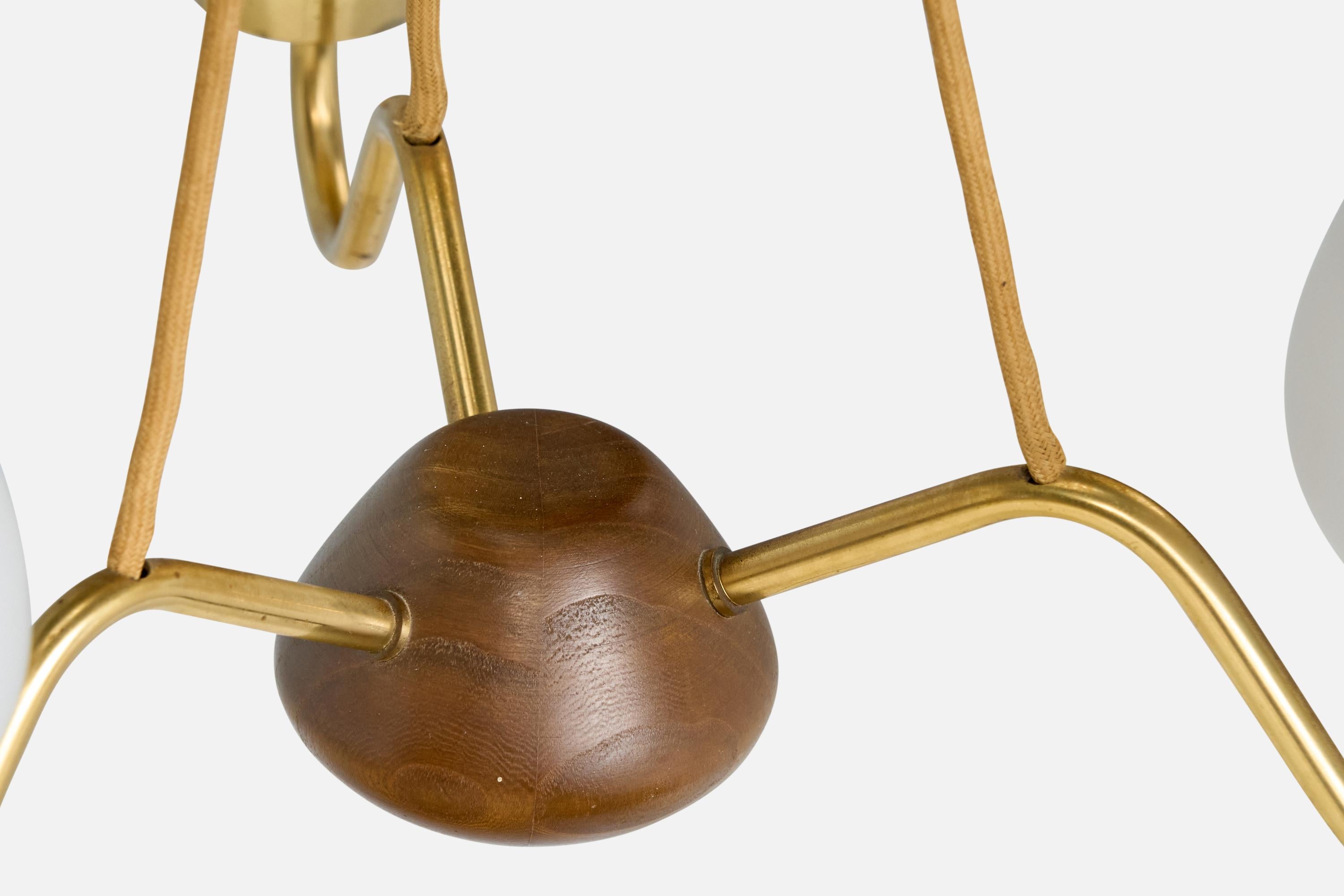 ASEA, Chandelier, Brass, Oak, Glass, Sweden, 1950s For Sale 3