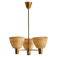 ASEA, Chandelier, Brass, Rattan, Sweden, 1940s