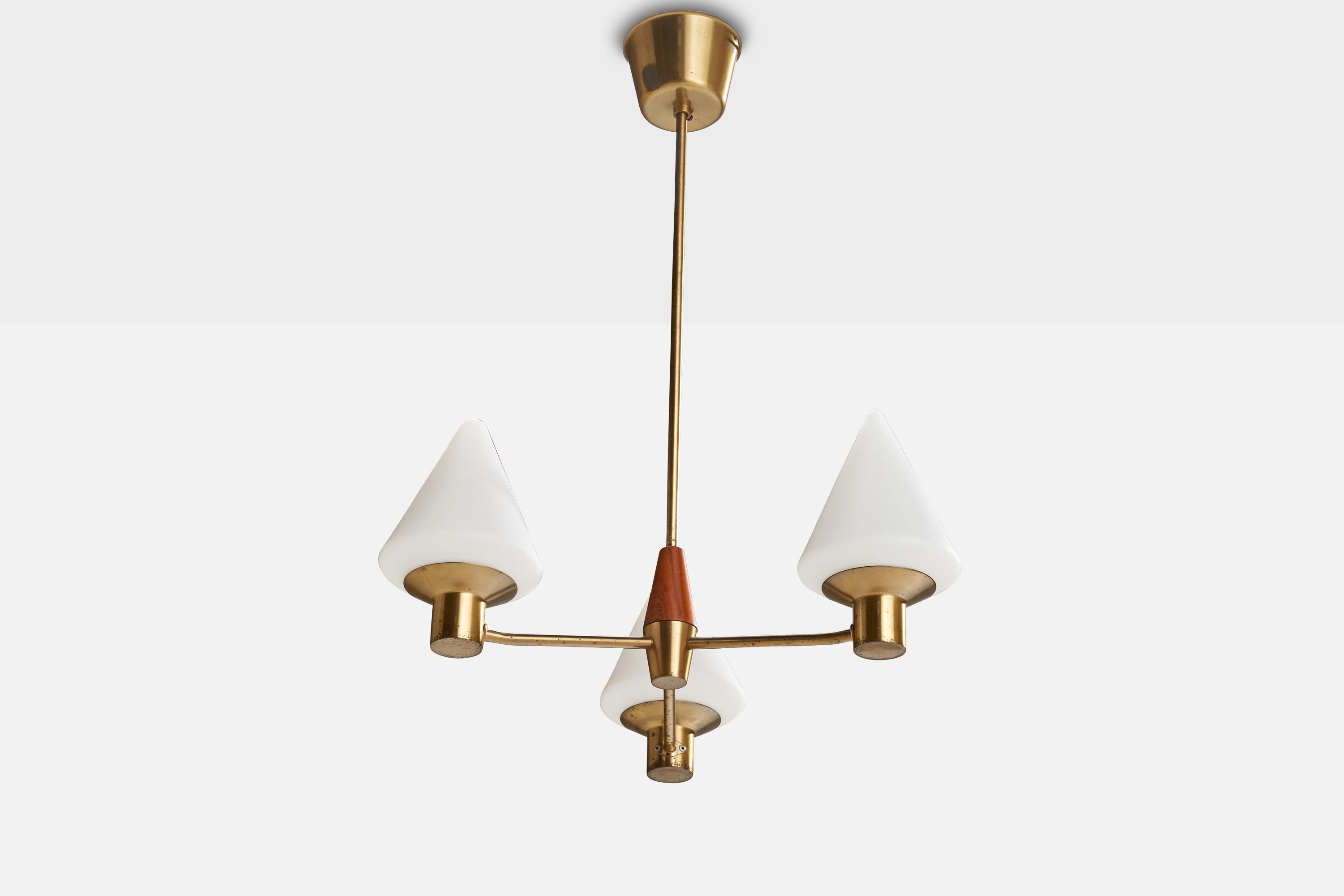 A brass, teak and opaline glass chandelier produced by ASEA, Sweden, 1950s.

Dimensions of canopy (inches): 4.32” H x 3.19” Diameter
Socket takes standard E-26 bulbs. 3 socket.There is no maximum wattage stated on the fixture. All lighting will be