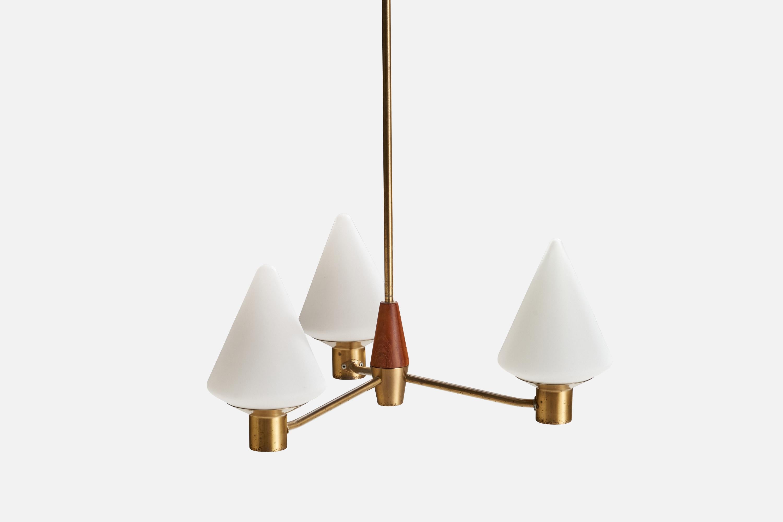 Swedish ASEA, Chandelier, Brass, Teak, Glass, Sweden, 1950s For Sale