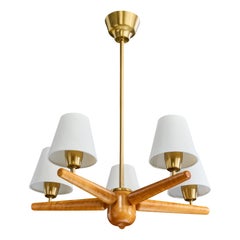 ASEA, Chandelier, Brass, Wood, Fabric, Sweden, 1950s