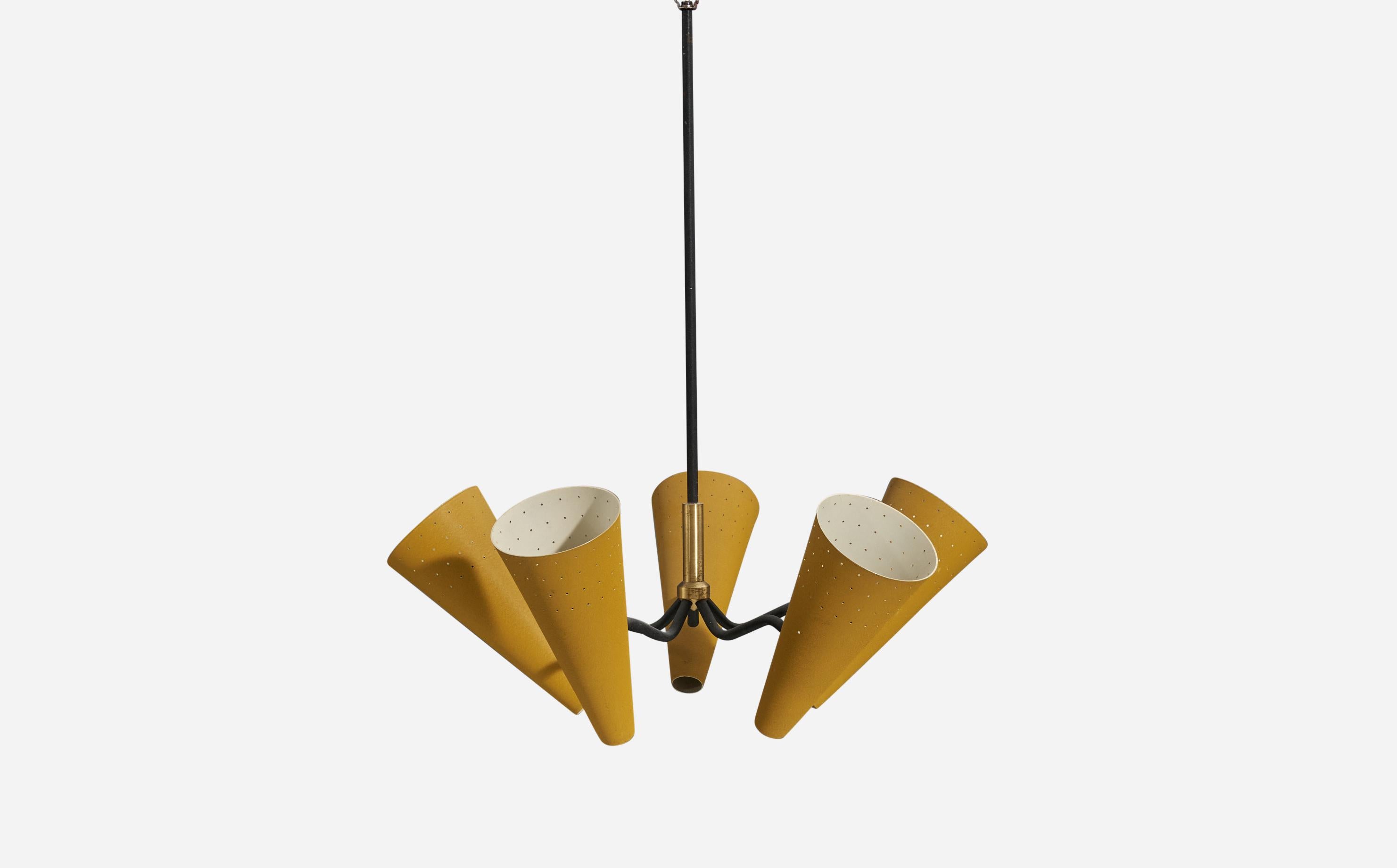 Mid-Century Modern ASEA, Chandelier, Brass, Yellow-Lacquered Metal, Sweden, 1950s