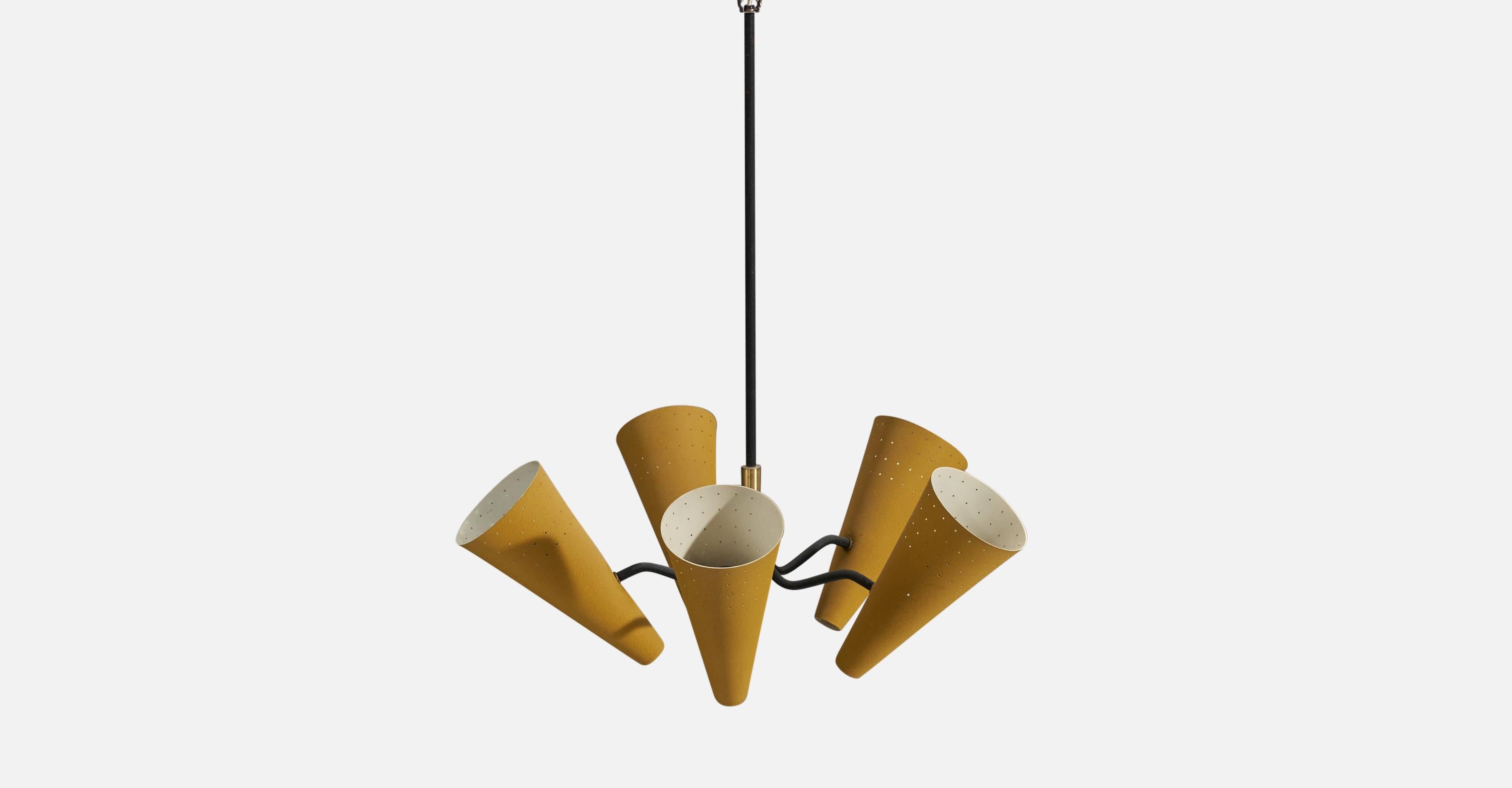 Swedish ASEA, Chandelier, Brass, Yellow-Lacquered Metal, Sweden, 1950s