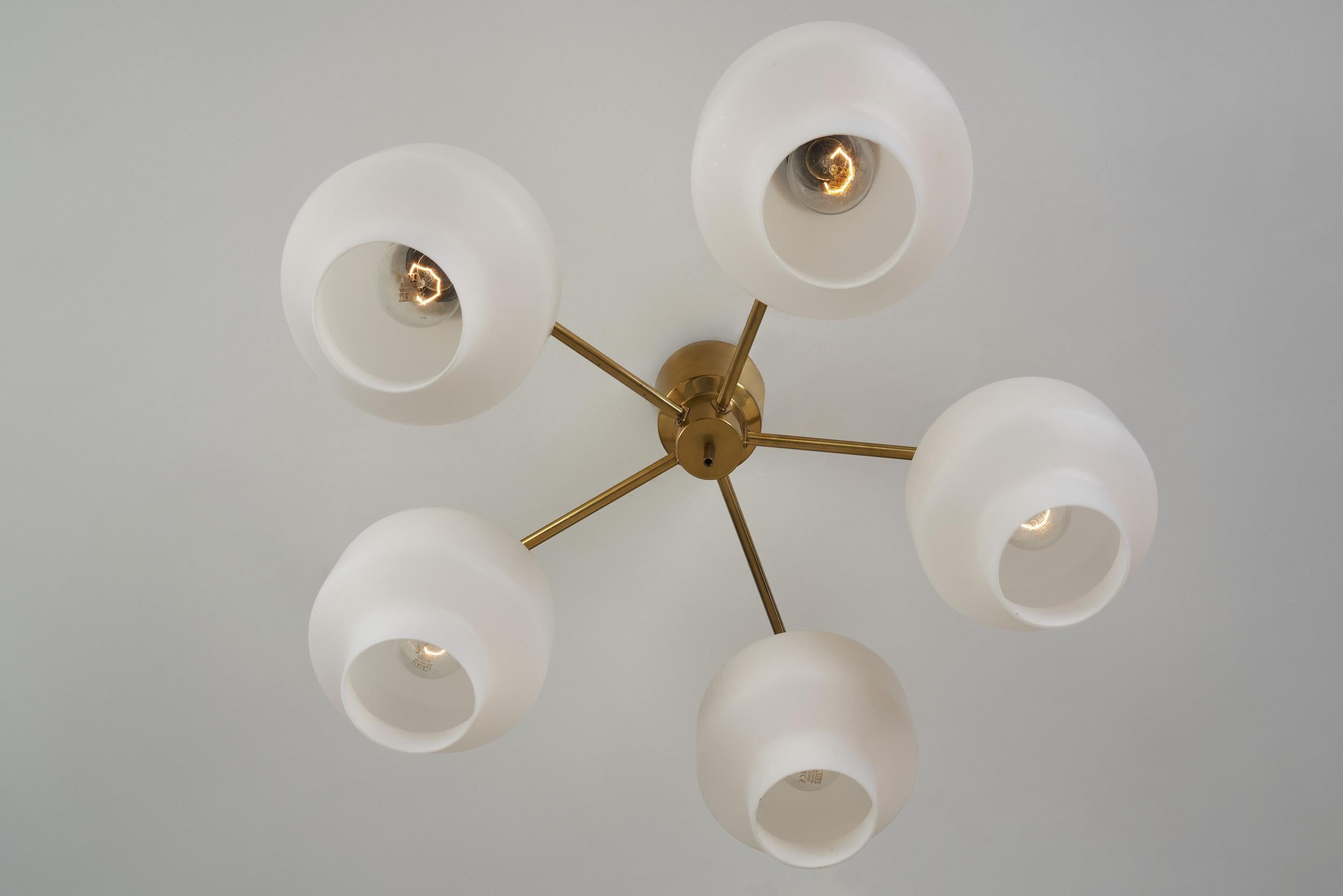 Asea-Elektroskandia Five Arm Brass and Glass Ceiling Light, Sweden ca 1950s For Sale 8